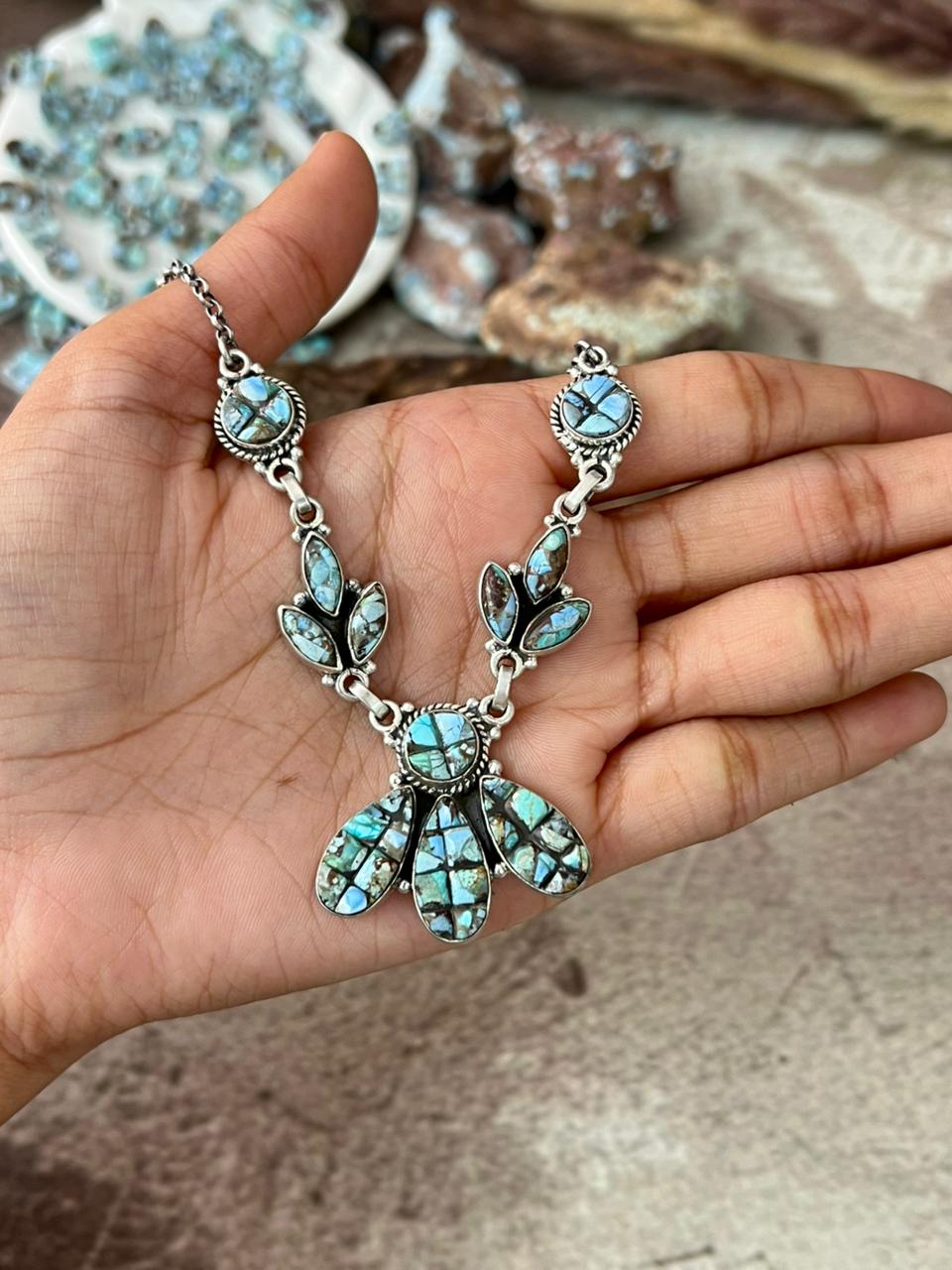 Handmade Sterling Silver 'Golden Hills Turquoise Cobble Collection' Necklace "Signed Nizhoni"