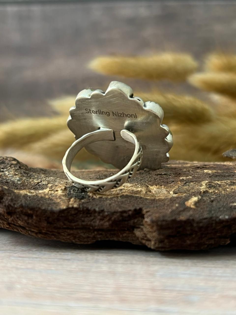 Handmade Sterling Silver Emerald Valley with Golden Hills Turquoise Adjustable Ring "Signed Nizhoni"