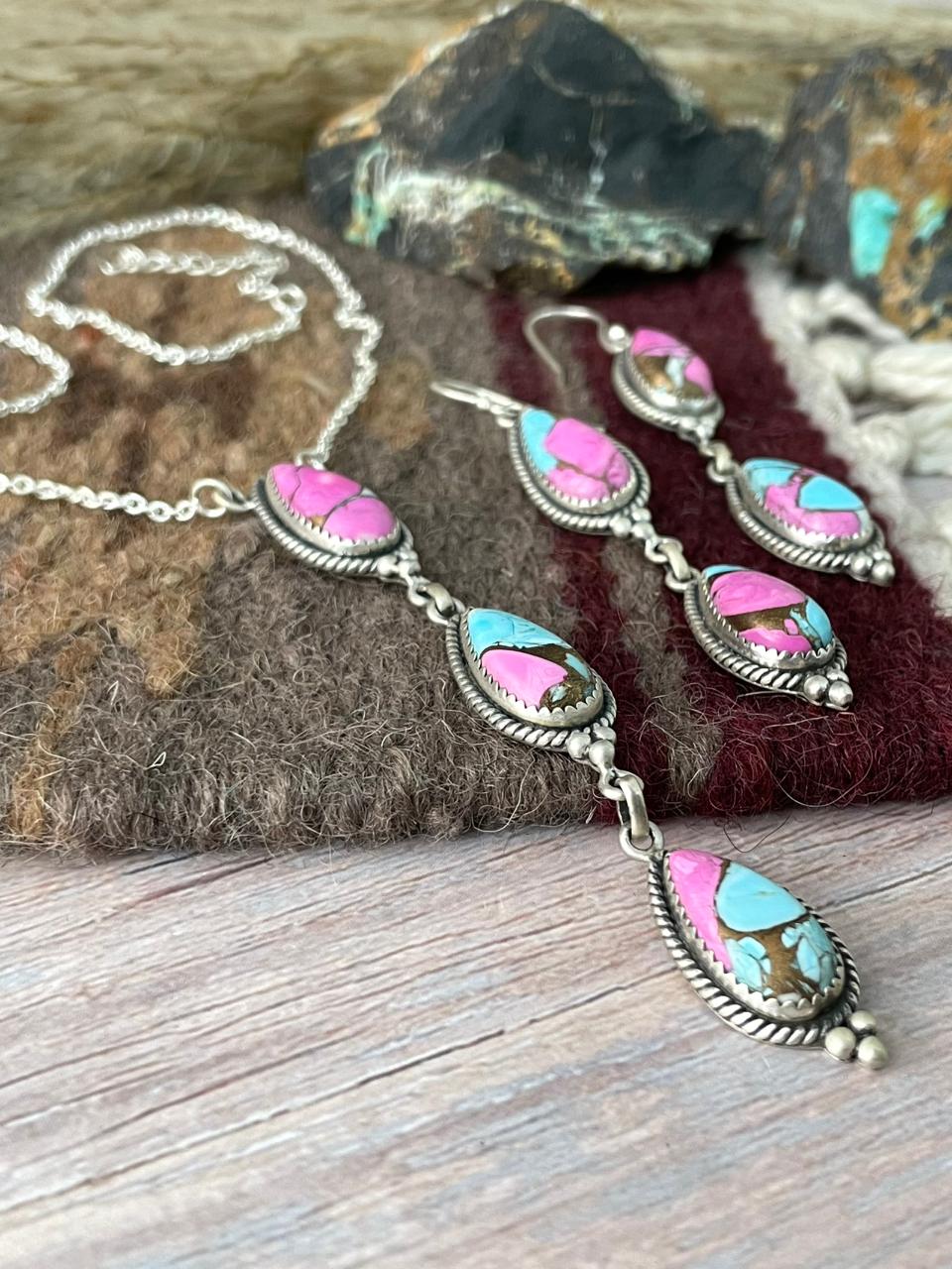 Handmade Sterling Silver Cotton Candy Necklace Earrings Set "Signed Nizhoni"
