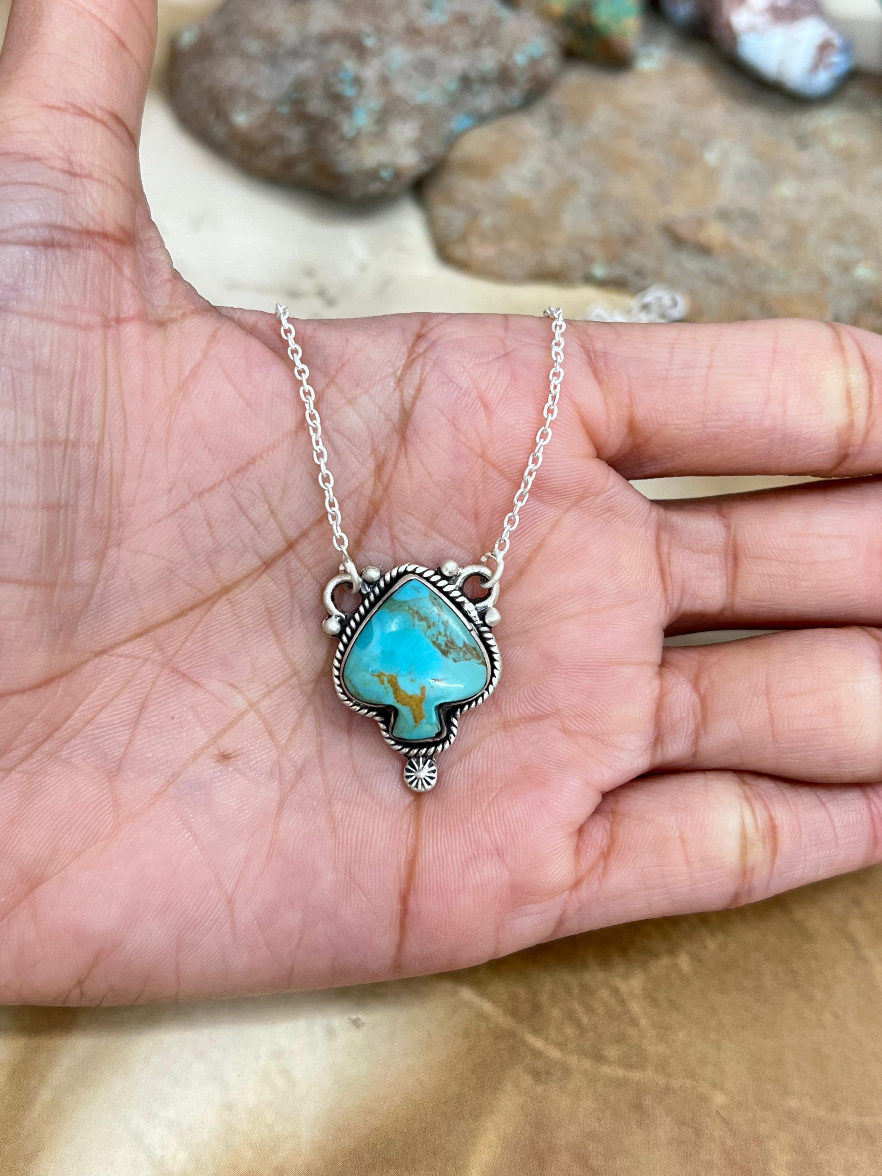 Handmade Sterling Silver Kingman Turquoise Spade Necklace with Signed Nizhoni