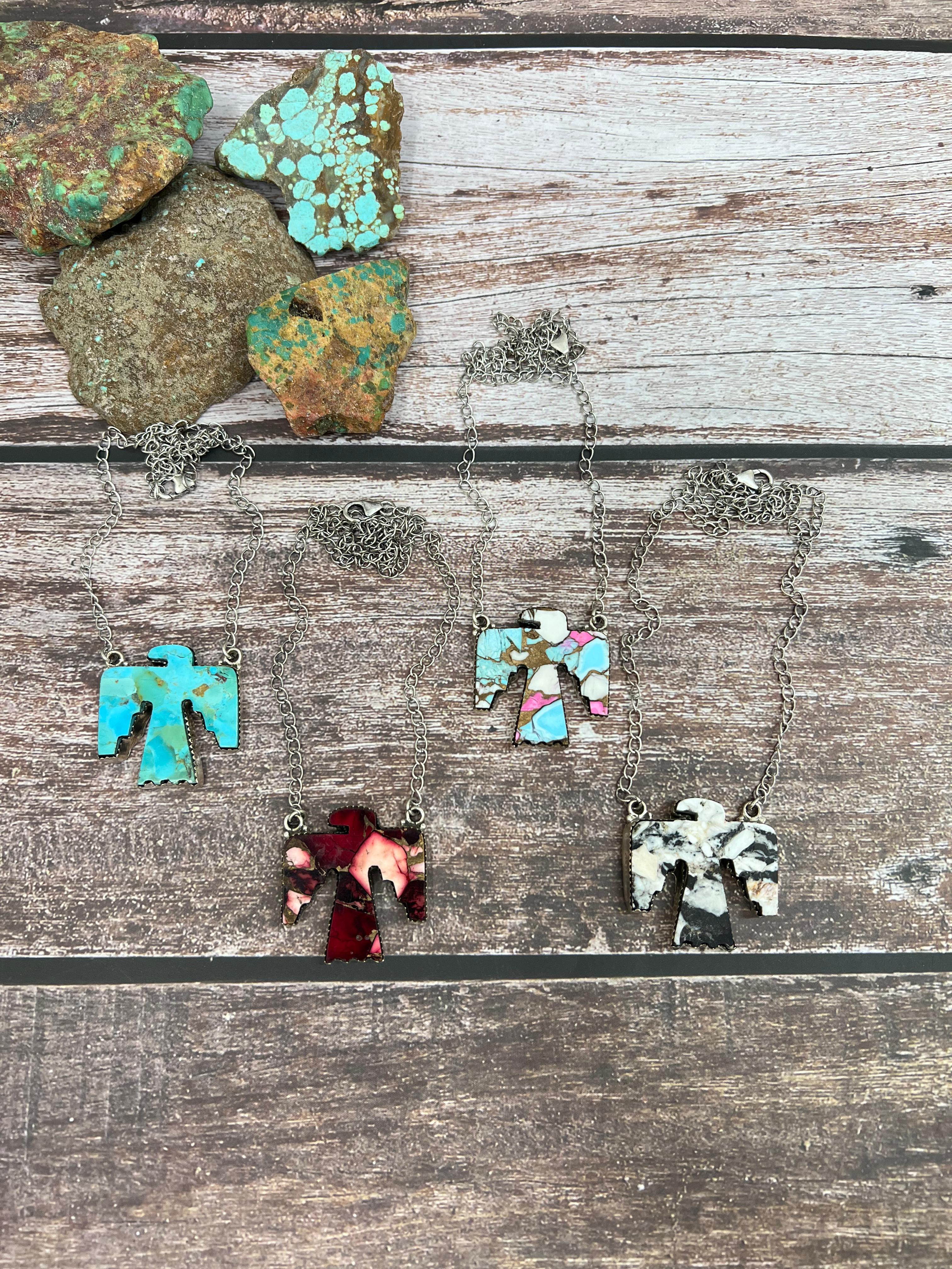 Handmade Sterling Silver Multi Stones Thunderbird Necklace with Signed Nizhoni