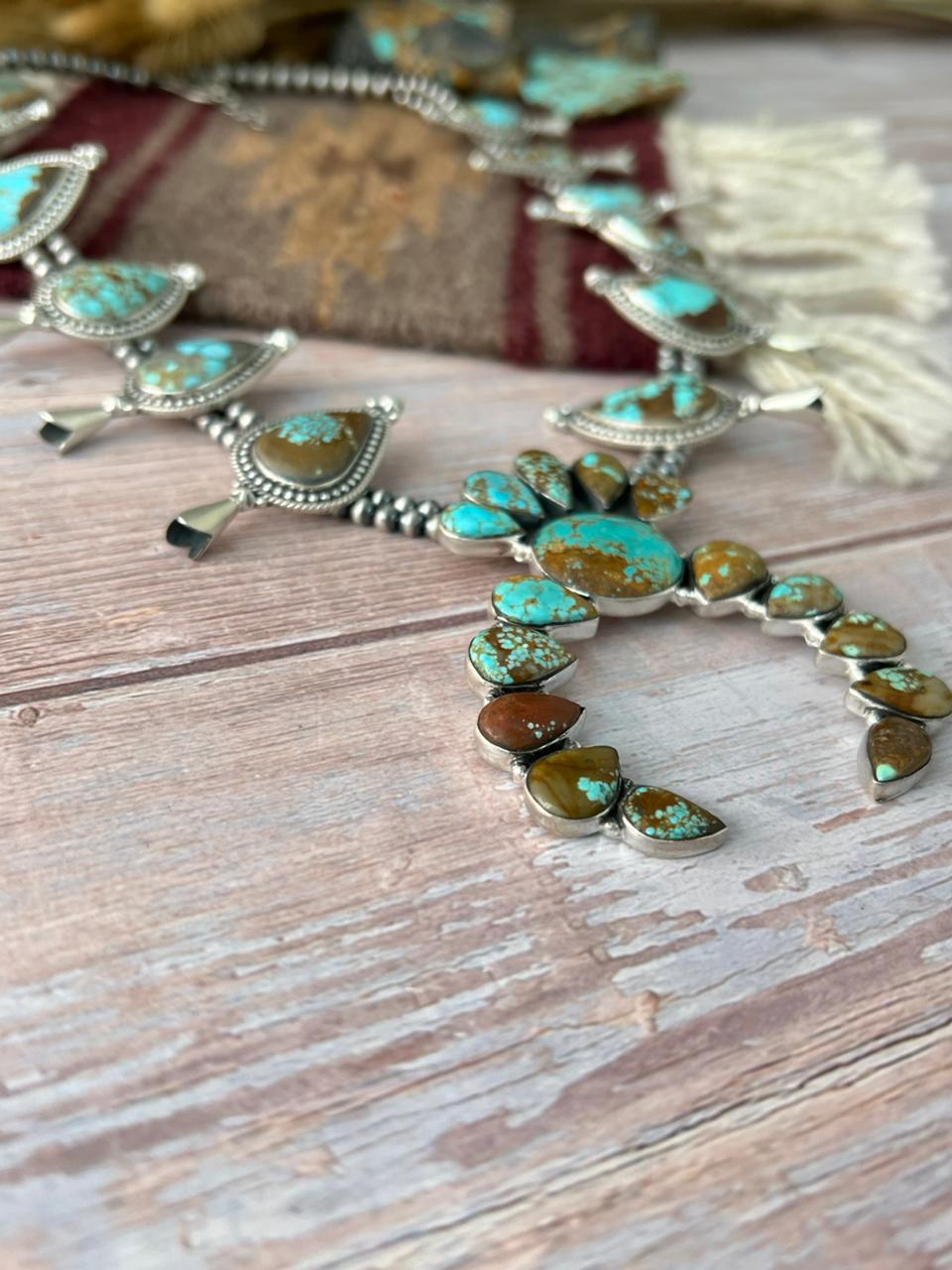 Handmade Sterling Silver Number 8 Turquoise Squash Blossom Beaded Necklace "Signed Nizhoni"