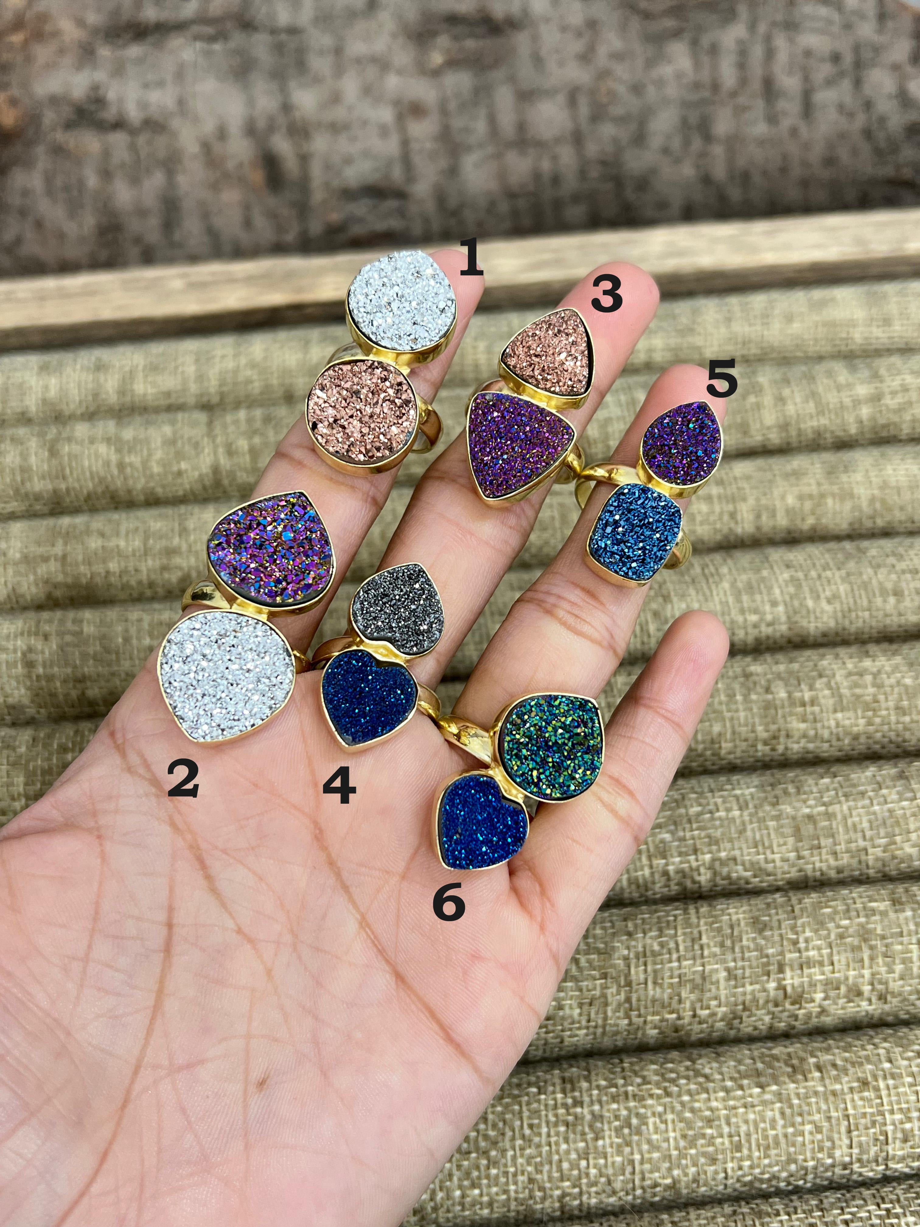 “The Boho Collection” Handmade Natural Druzy 2 Stone Adjustable Ring