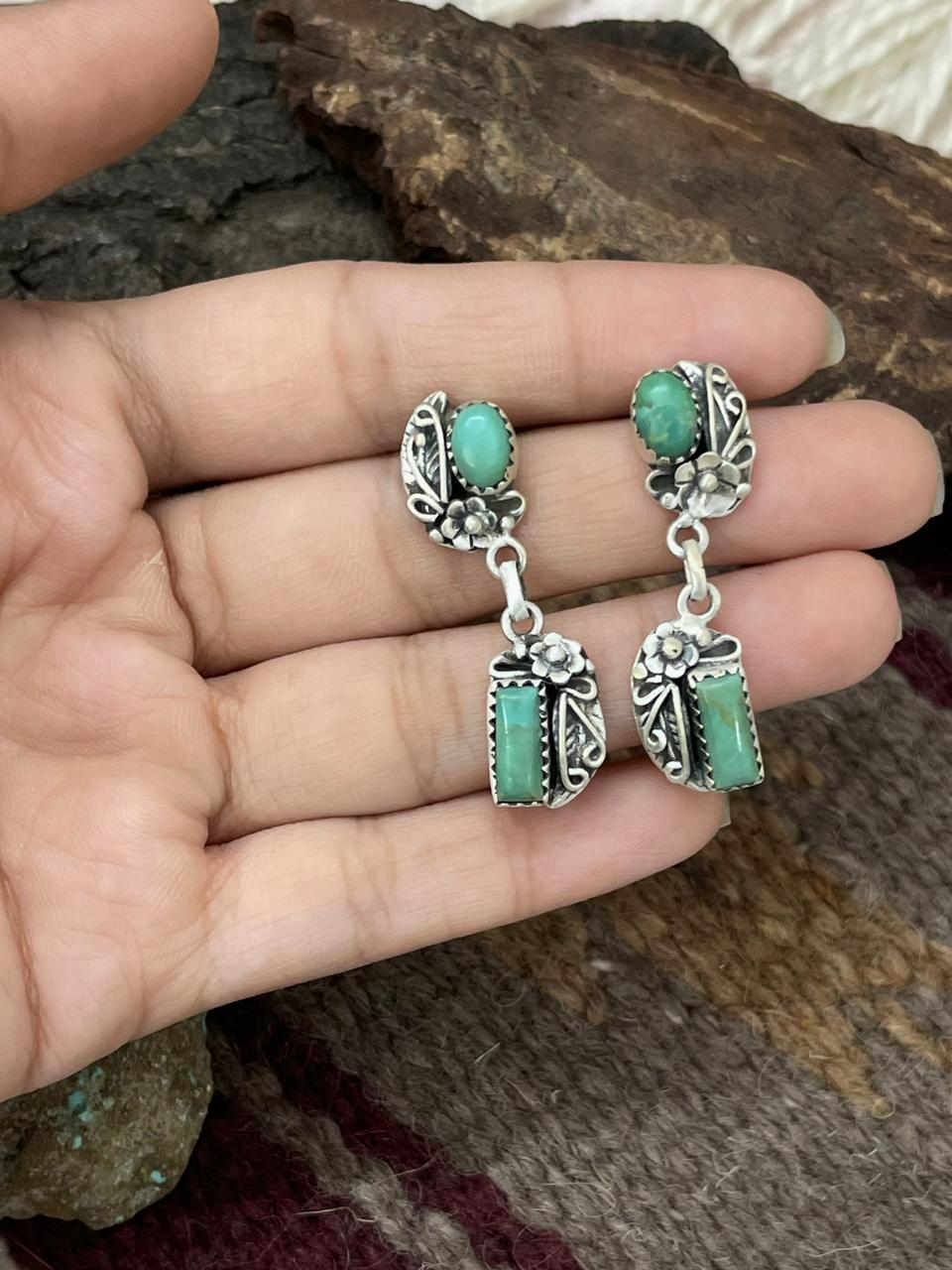 Handmade Sterling Silver Kingman Turquoise Post Earrings "Signed Nizhoni"