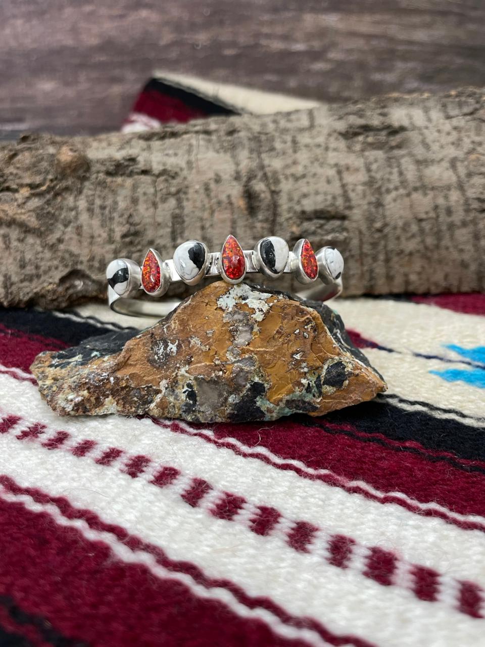 "Christmas Collection" Handmade Sterling Silver White Buffalo With Red Opal Cuff Bracelet "Signed Nizhoni"