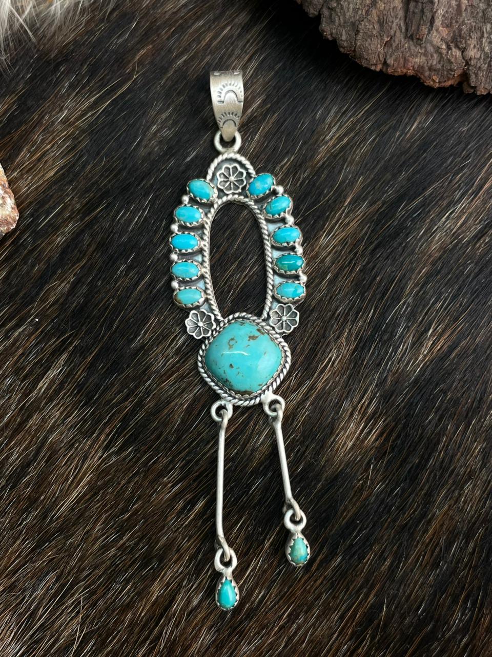 Handmade Sterling Silver Santa Maria with Kingman Pendant "Signed Nizhoni"