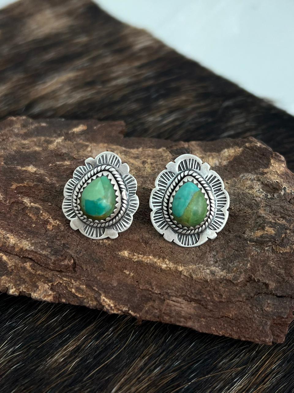 Handmade Sterling Silver Kingman Turquoise Post Studs Earrings "Signed Nizhoni"