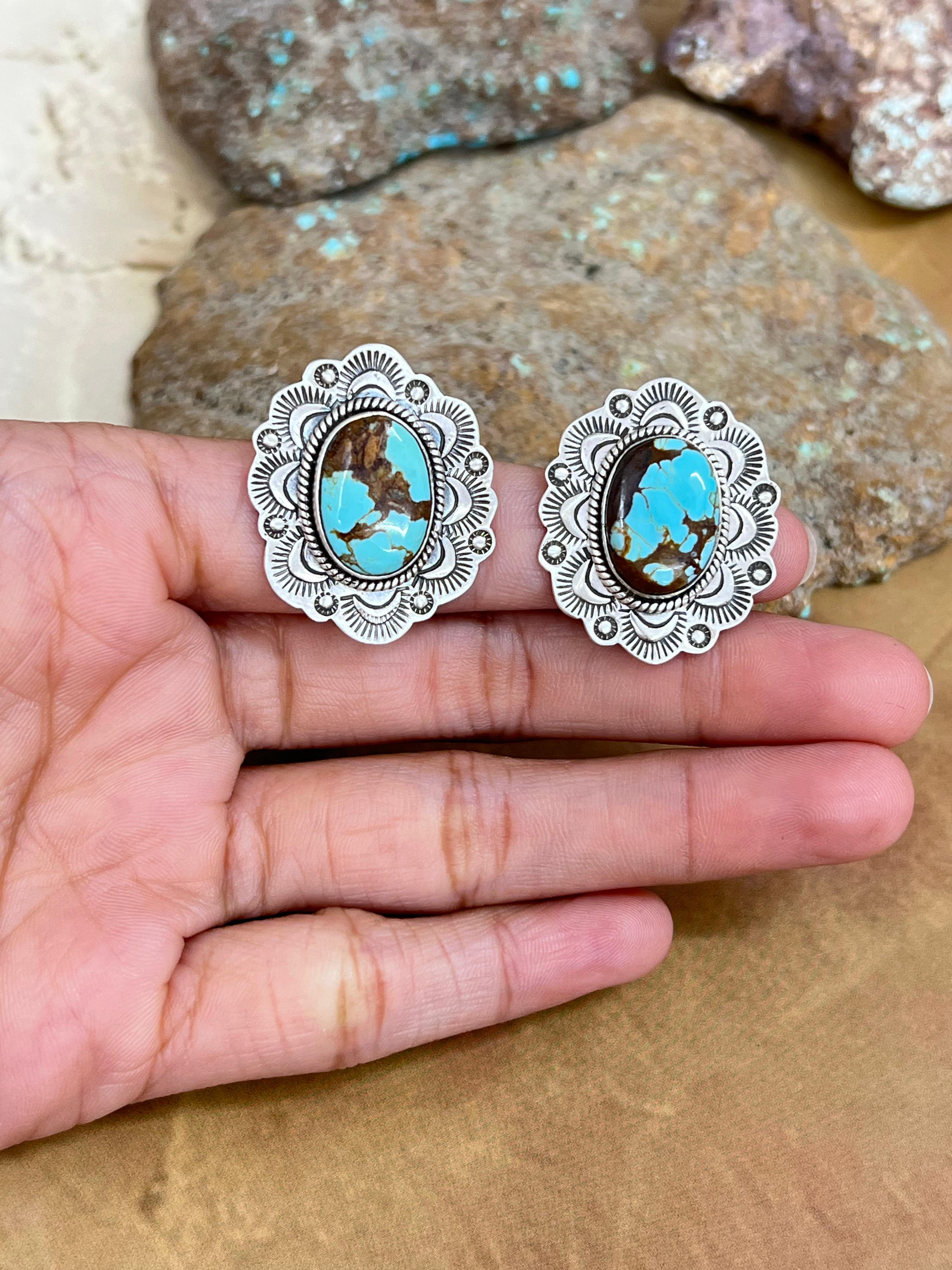 Handmade Sterling Silver Number 8 Turquoise Post Studs with Signed Nizhoni
