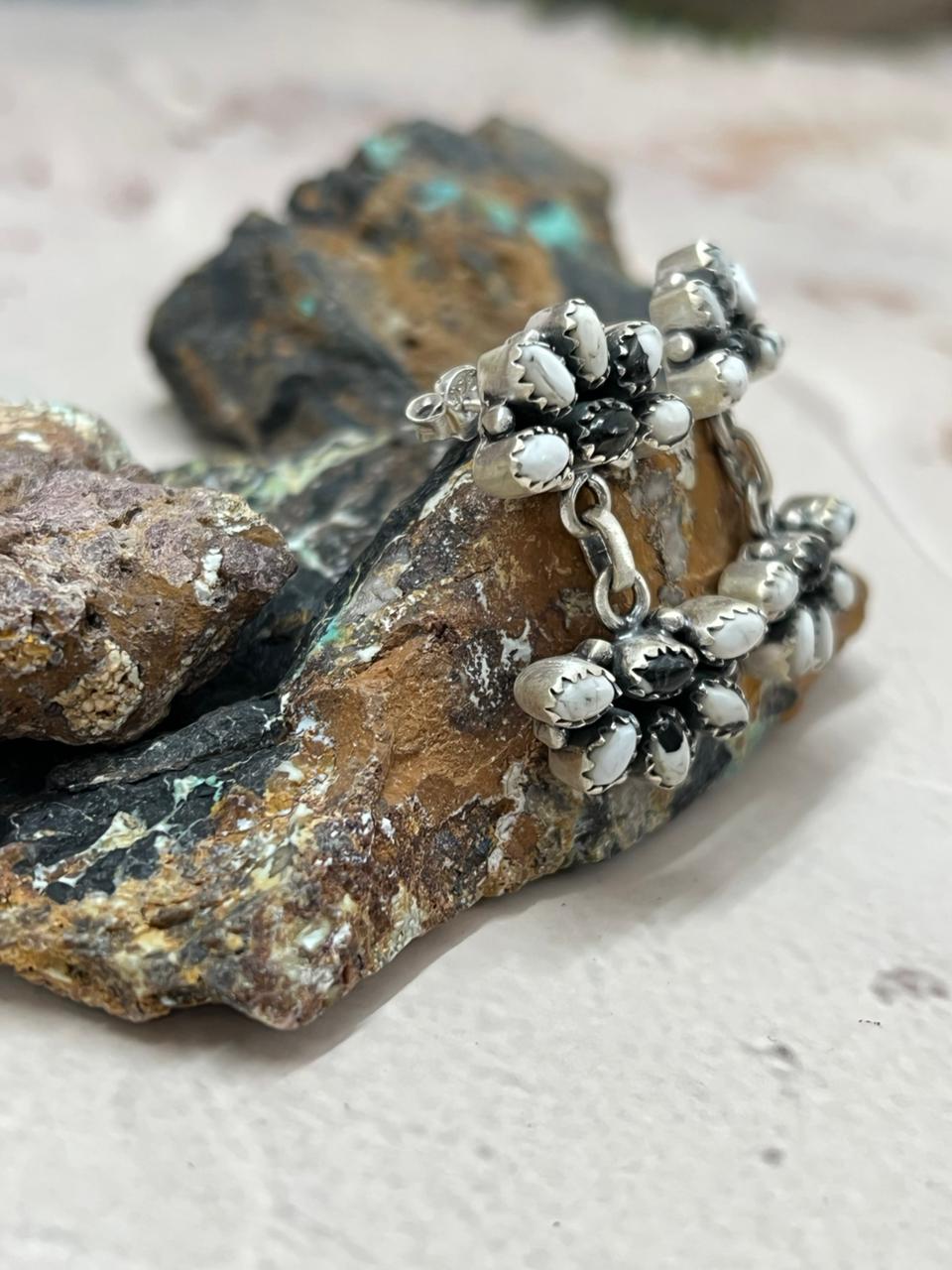 Handmade Sterling Silver White Buffalo Post Earrings "Signed Nizhoni"