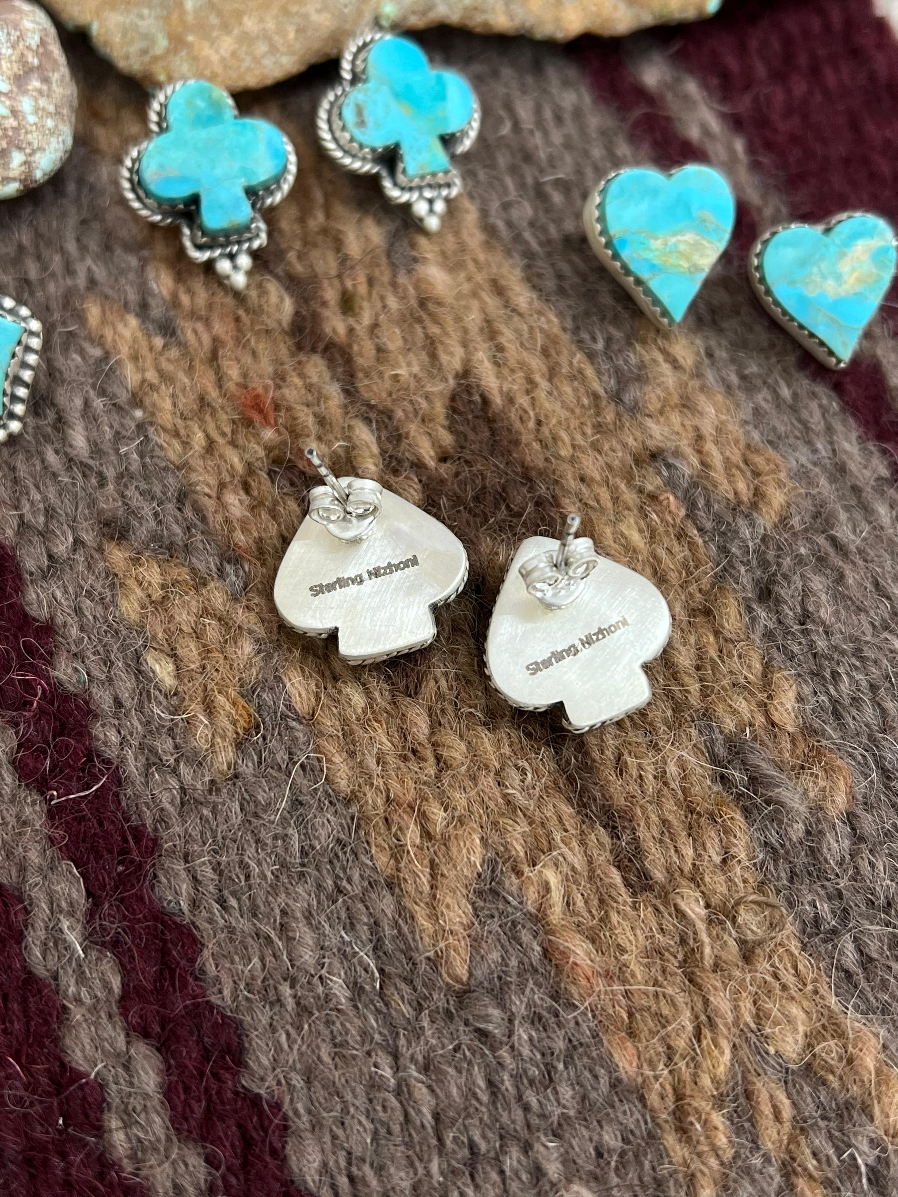 Handmade Sterling Silver Kingman Turquoise Post Studs with Signed Nizhoni