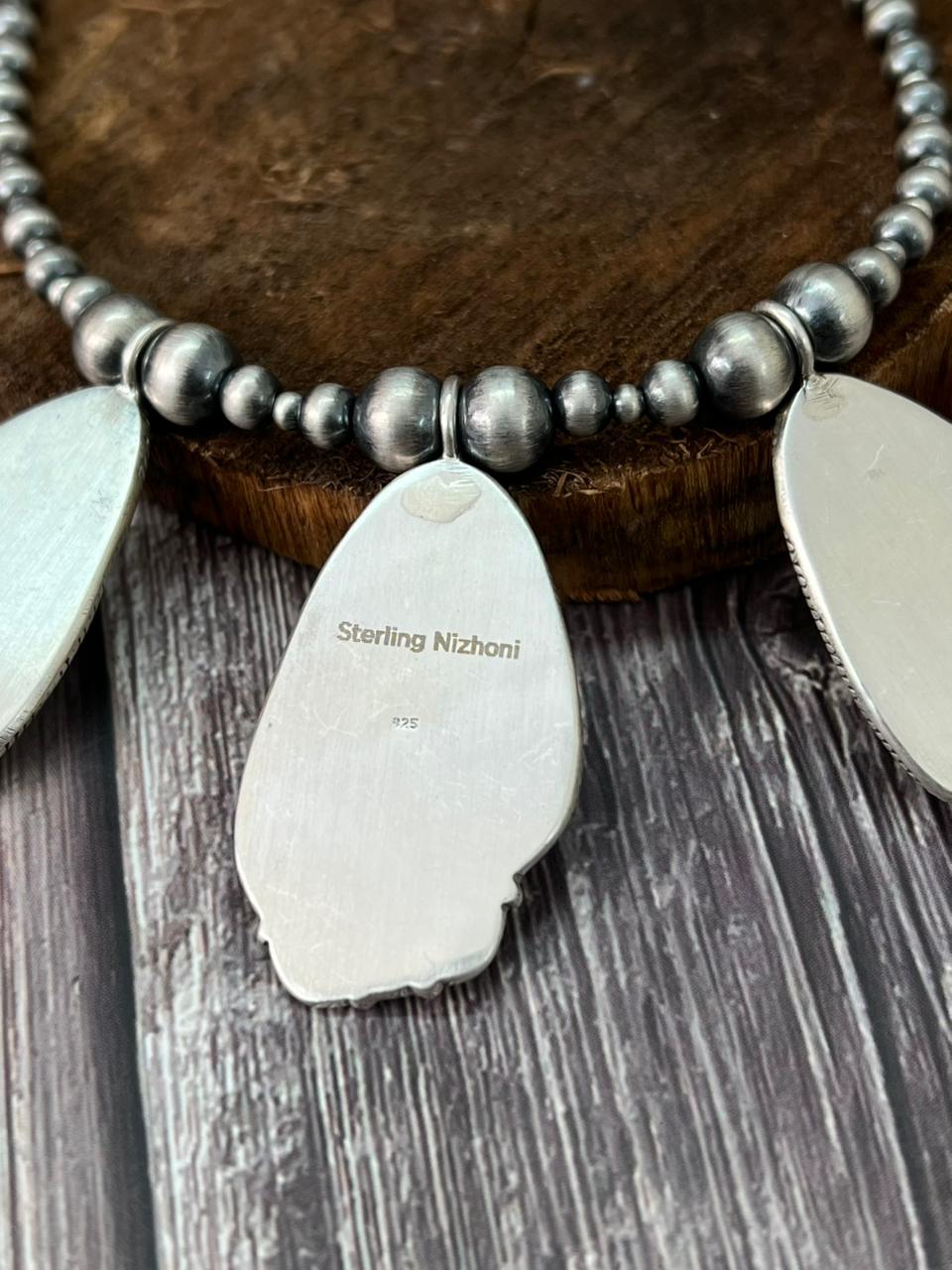 Handmade Sterling Silver Beaded Mantis Turquoise Necklace "Signed Nizhoni"