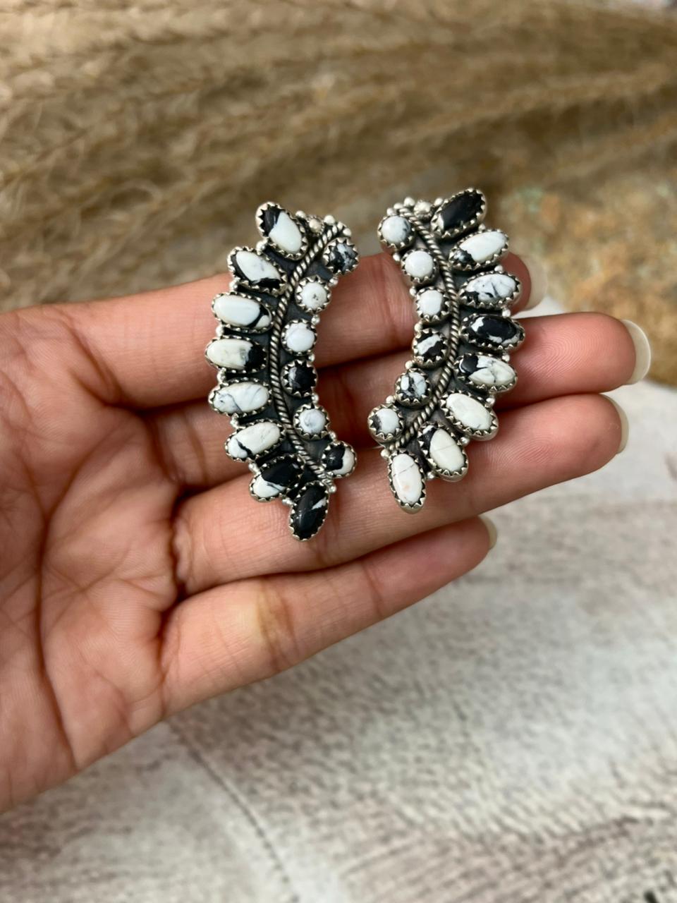 Handmade Sterling Silver White Buffalo Post Studs Earrings "Signed Nizhoni"