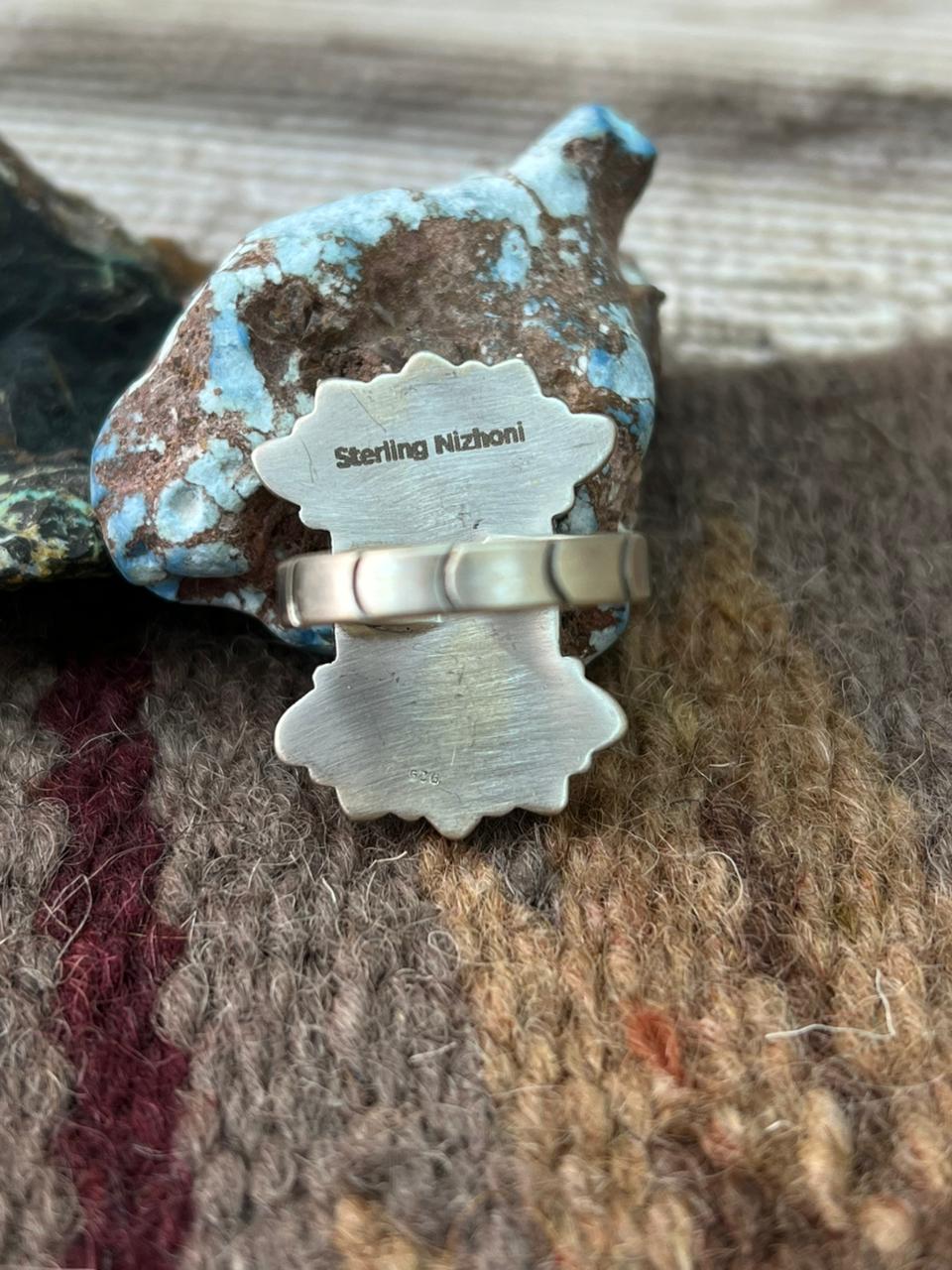 Handmade Sterling Silver Kingman Turquoise Adjustable Ring "Signed Nizhoni"