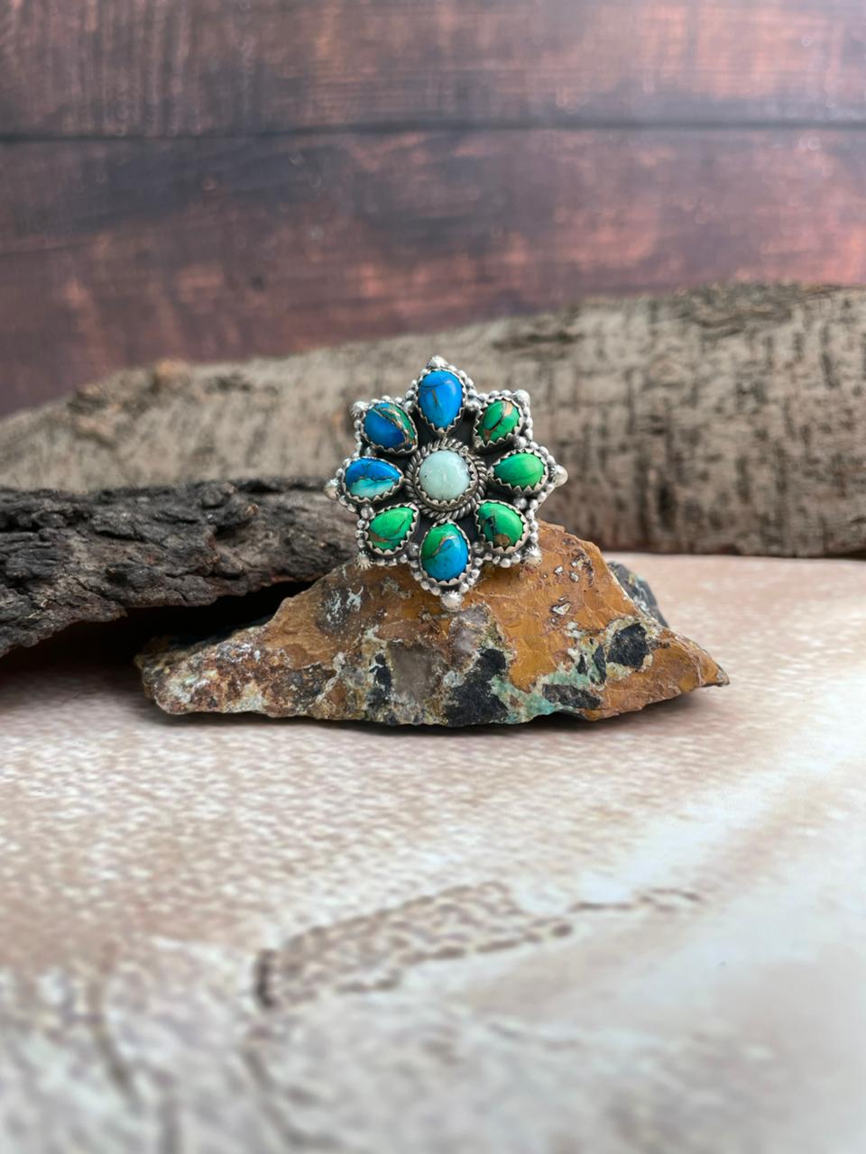Handmade Sterling Silver Palomino with Peacock Dahlia Adjustable Ring "Signed Nizhoni"