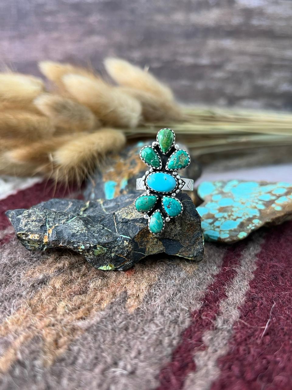 Handmade Sterling Silver Emerald Valley with Santa Maria Turquoise Adjusatble Ring "Signed Nizhoni"