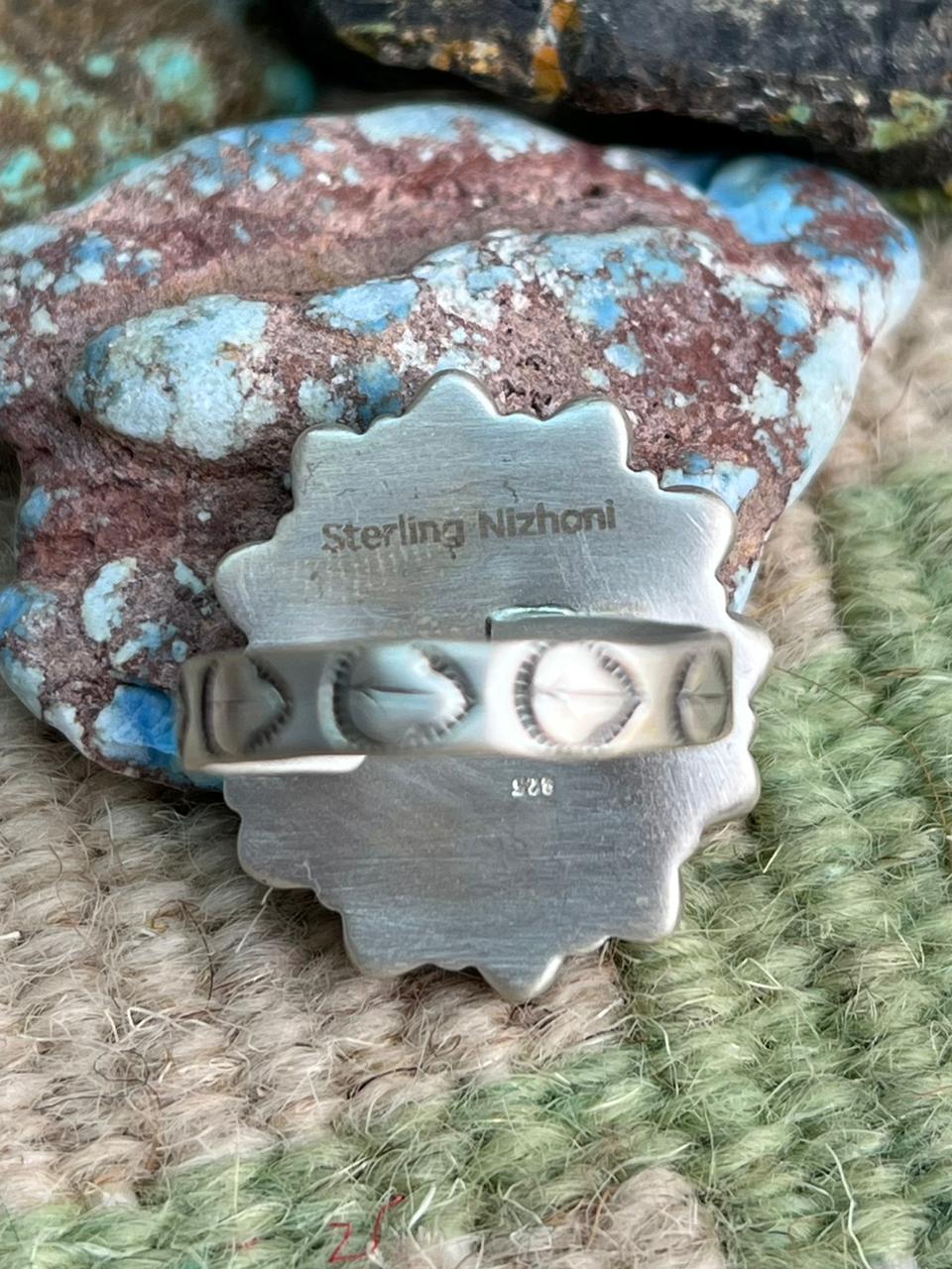 Handmade Sterling Silver White Buffalo with Golden Hills Turquoise Adjustable Ring "Signed Nizhoni"