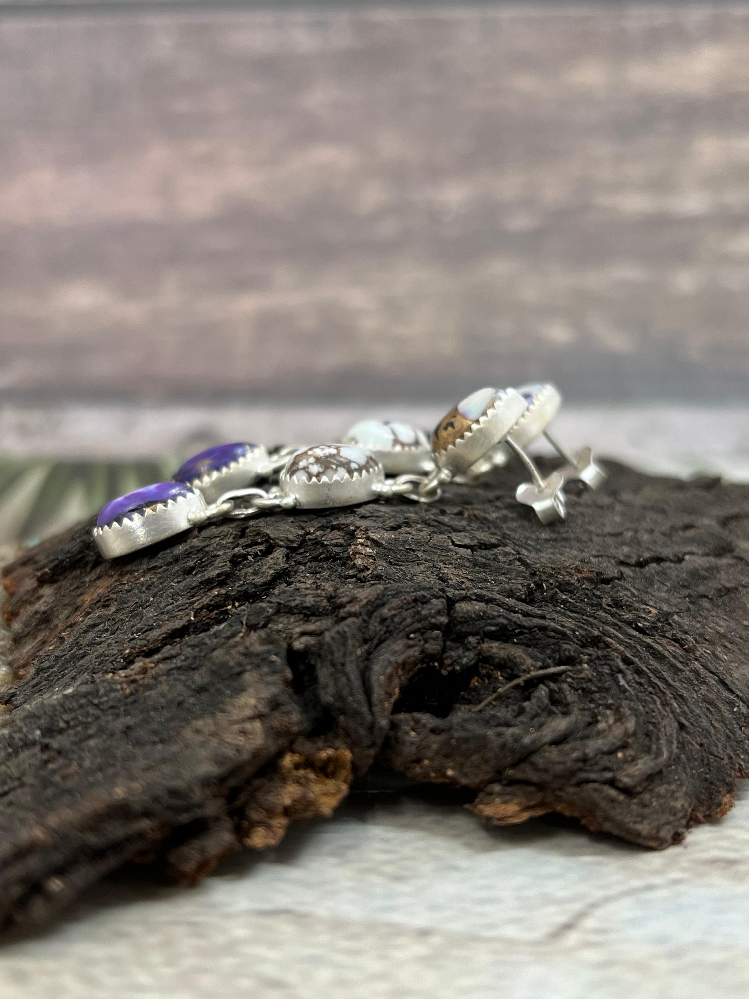 Handmade Sterling Silver Wild Horse with Purple Dahlia Post Dangle Earrings, Signed Nizhoni (7)