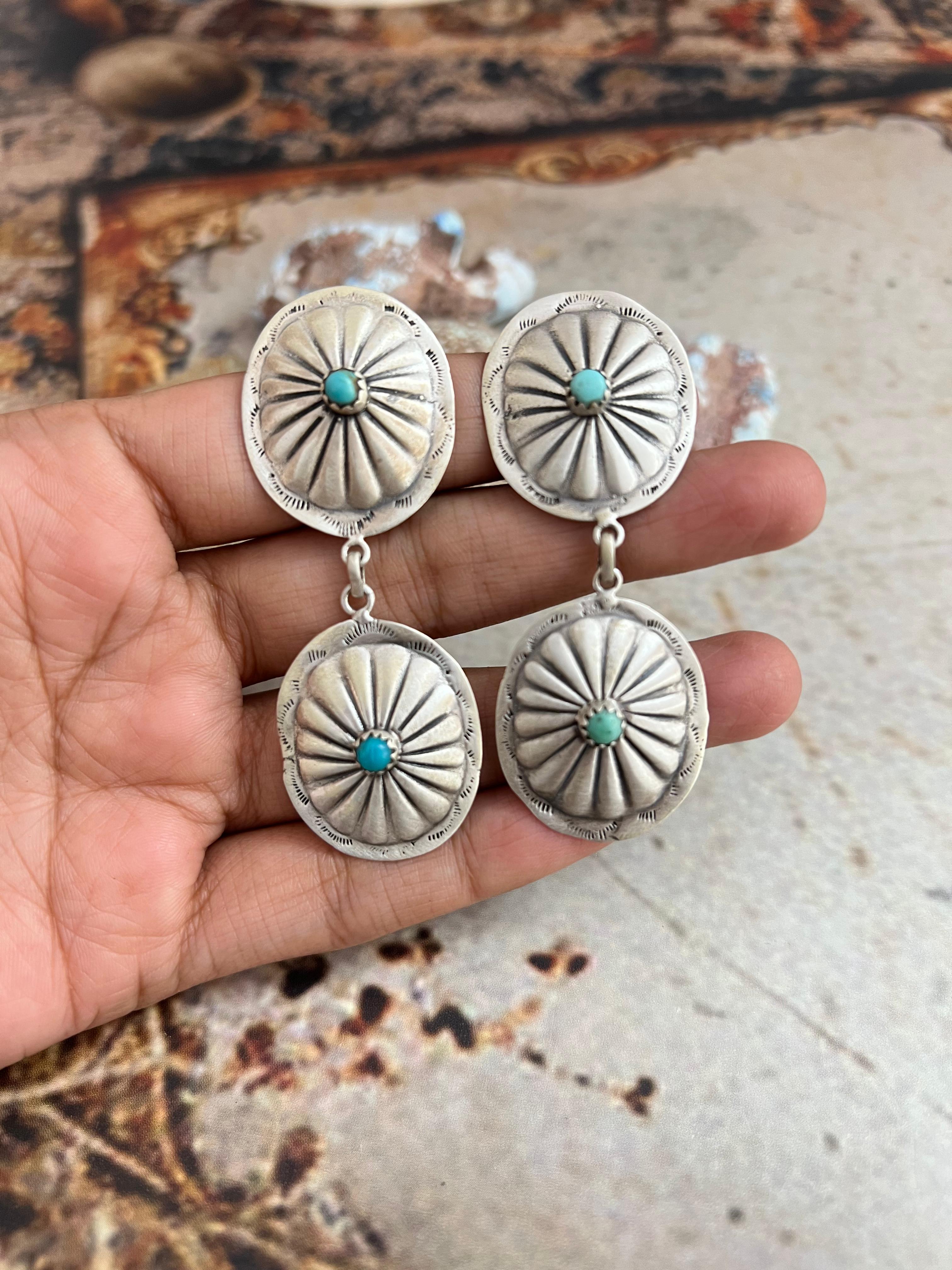 Handmade Sterling Silver Kingman Turquoise Post Dangle Earrings with Signed Nizhoni