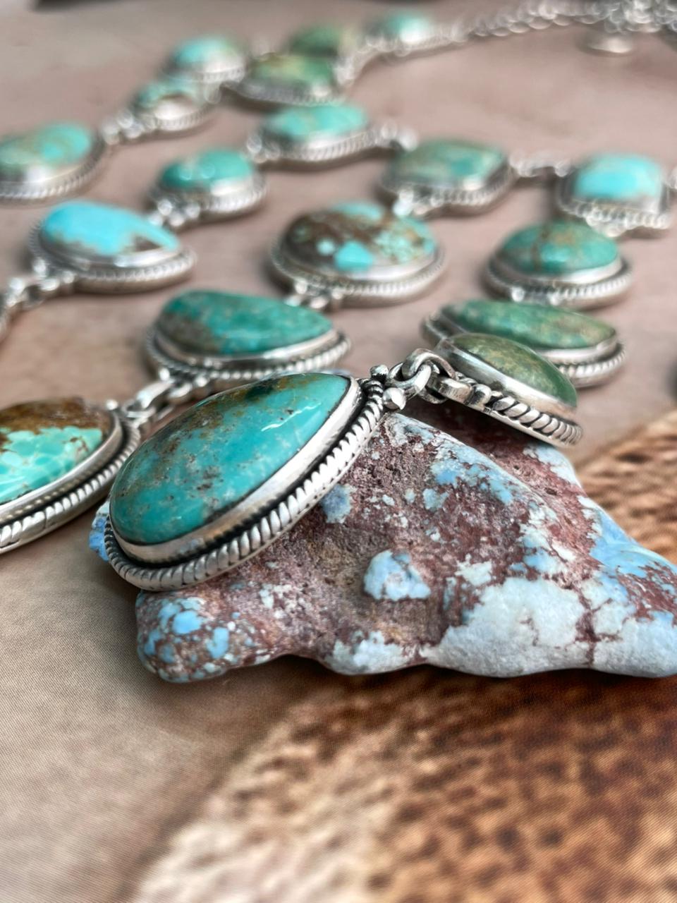 Handmade Sterling Silver Mantis Turquoise Necklace with Signed Nizhoni