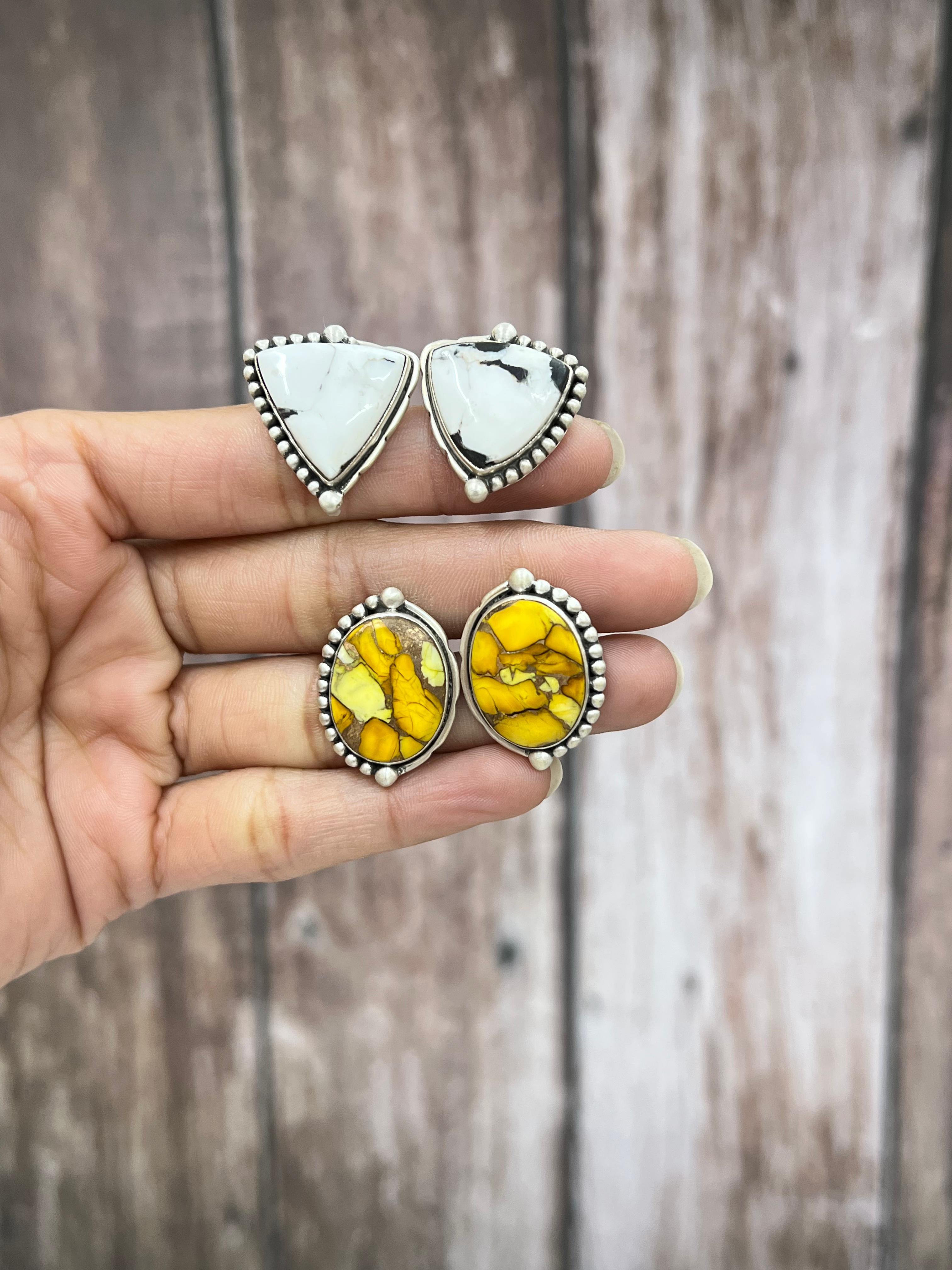 Handmade Sterling Silver Honey Dahlia, White Buffalo Turquoise Earrings with Signed Nizhoni