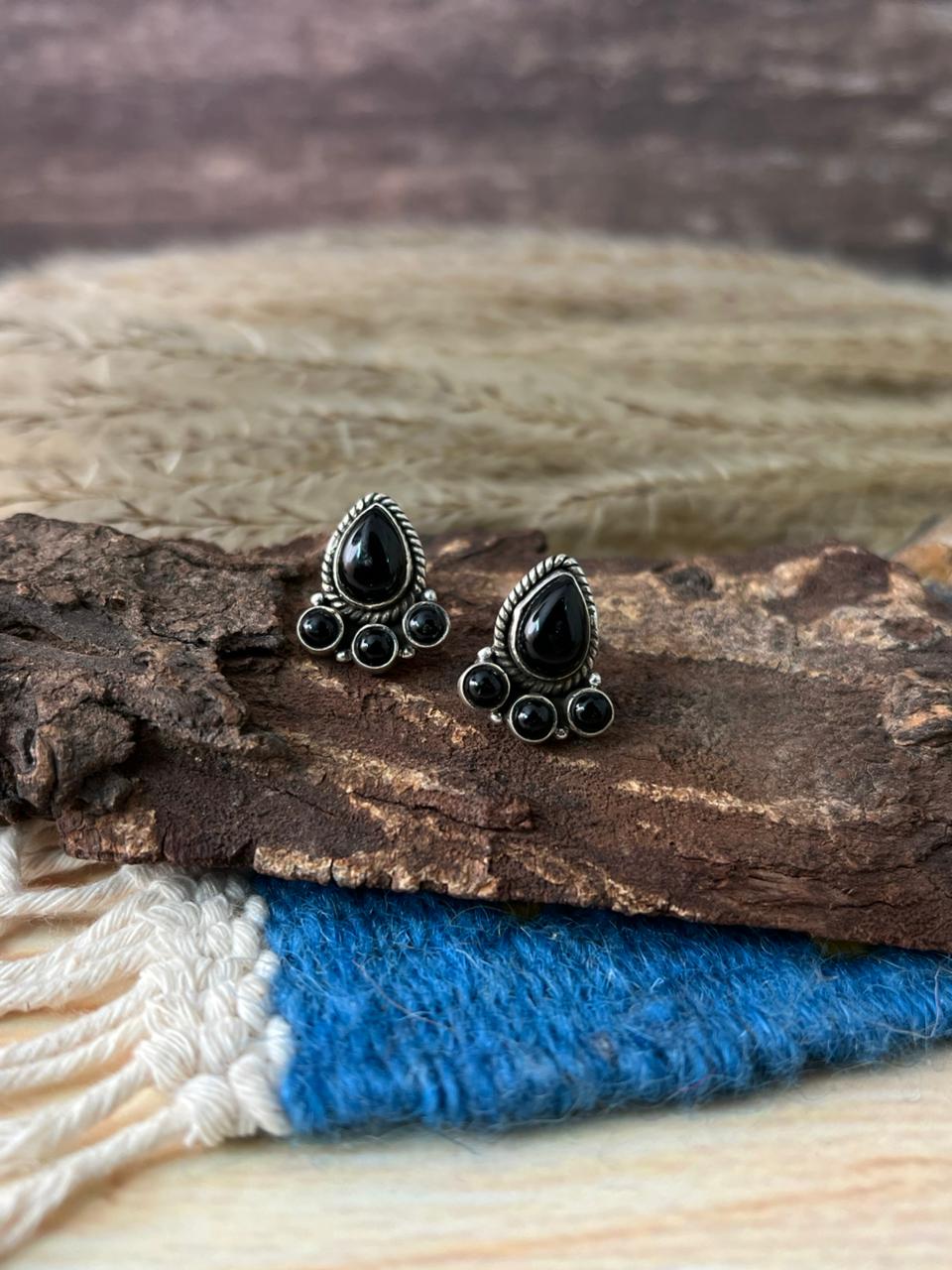 Handmade Sterling Silver Black Onyx Post Studs Earrings "Signed Nizhoni"