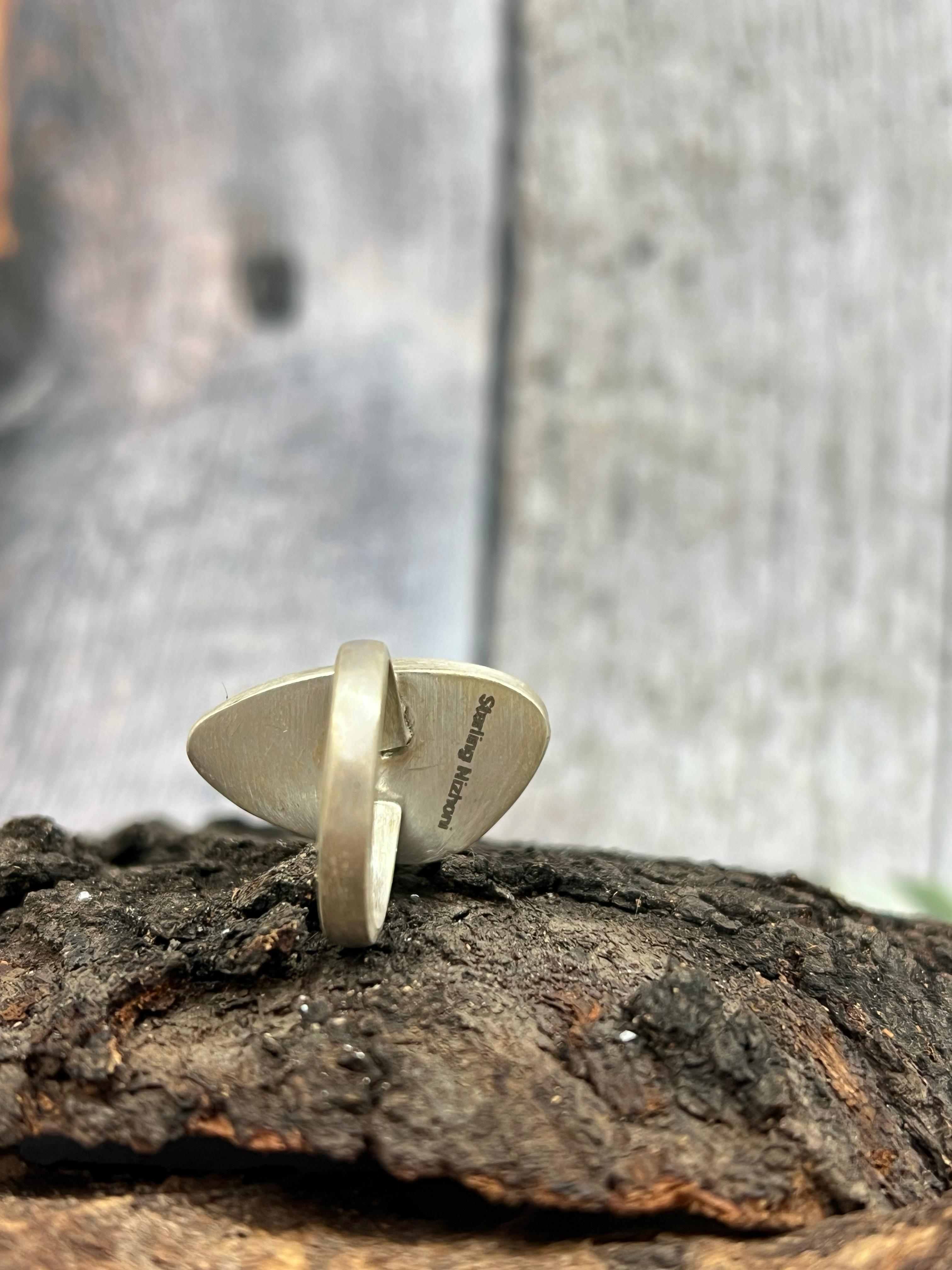 Handmade Sterling Silver Royston Turquoise Adjustable Ring with Signed Nizhoni