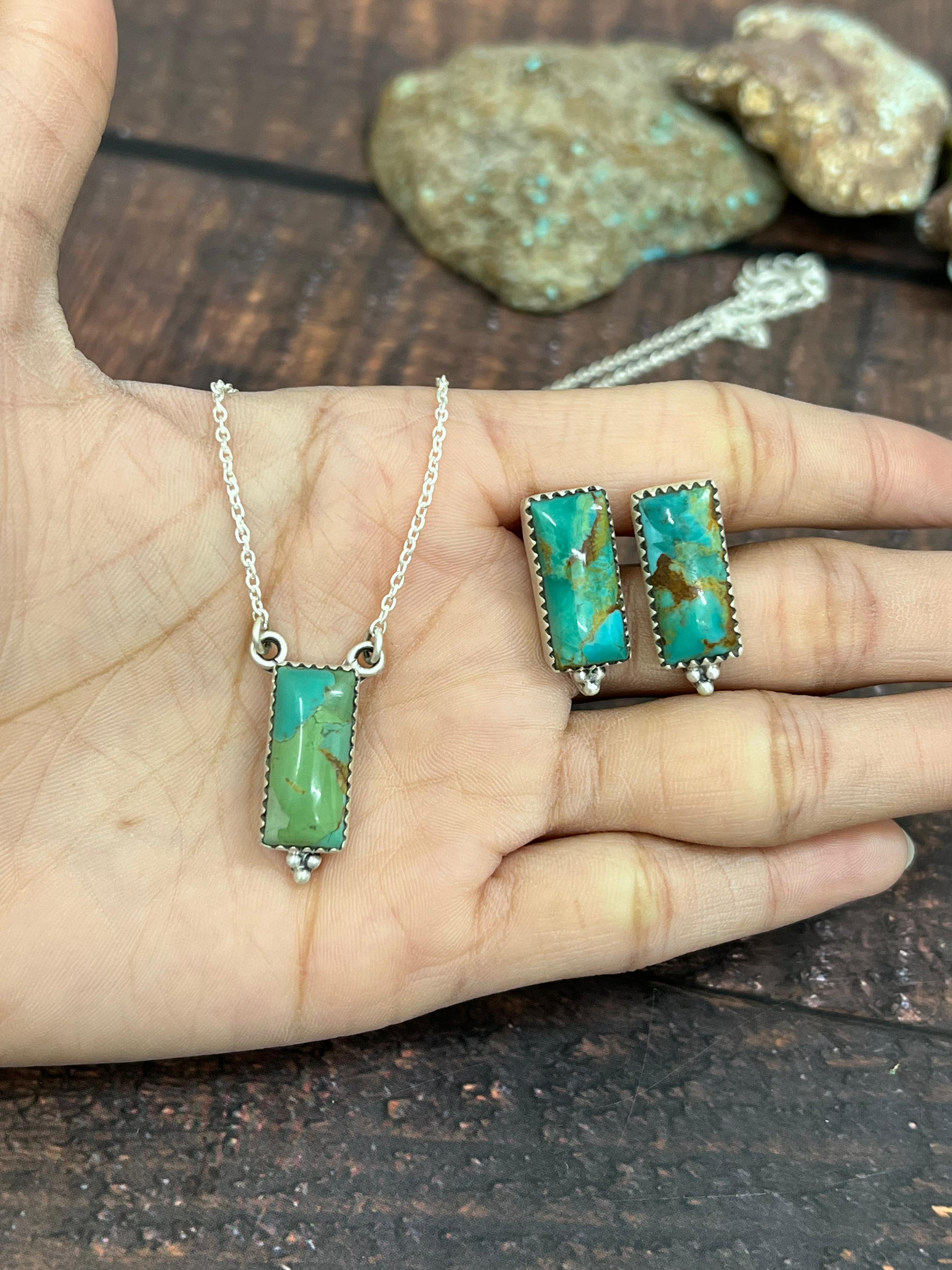 Handmade Sterling Silver Kingman Turquoise Necklace Earrings Set with Signed Nizhoni