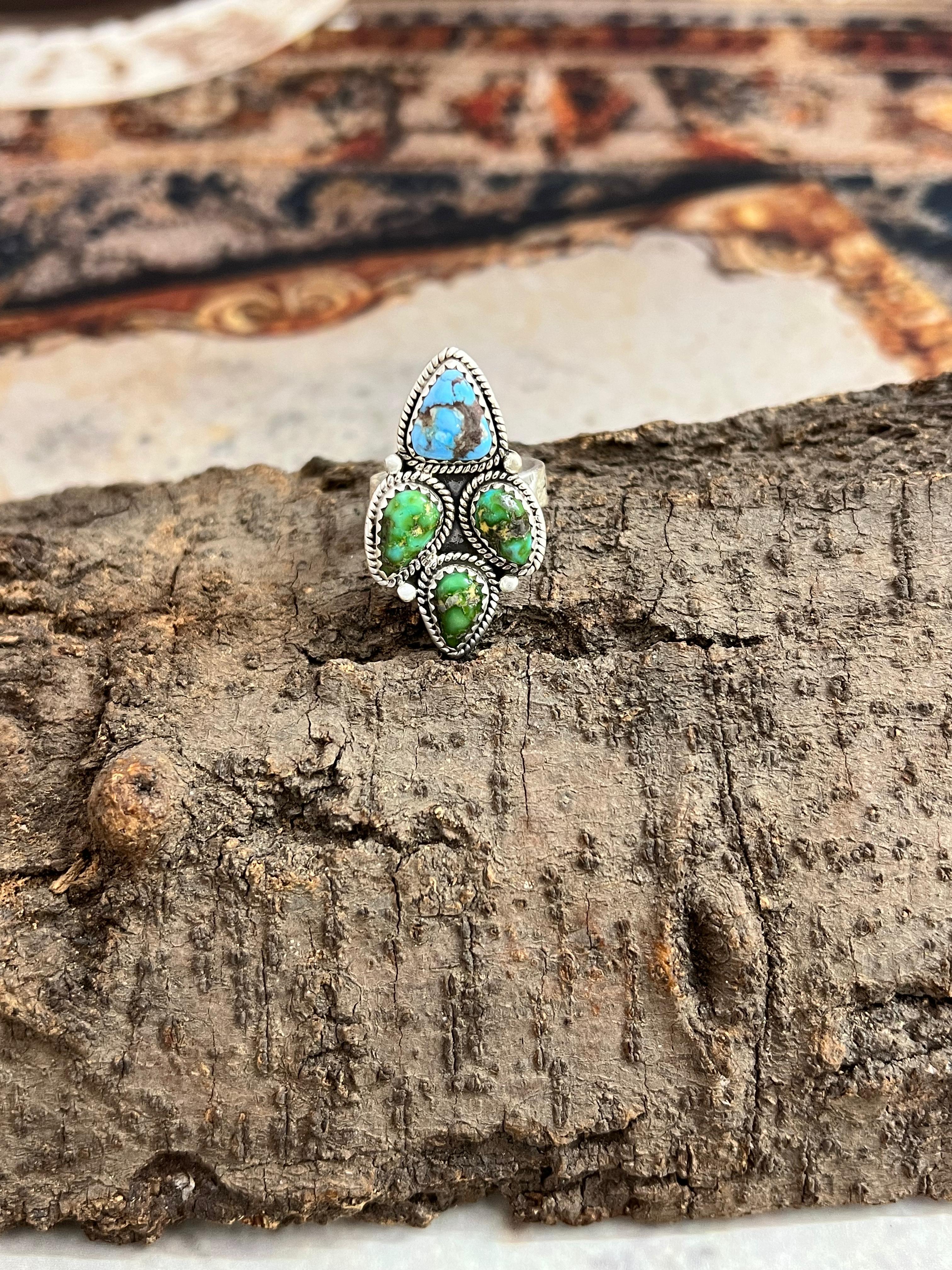 Handmade Sterling Silver Sonoran Mountain Turquoise, Golden Hills Turquoise Adjustable Ring, Signed Nizhoni (7)