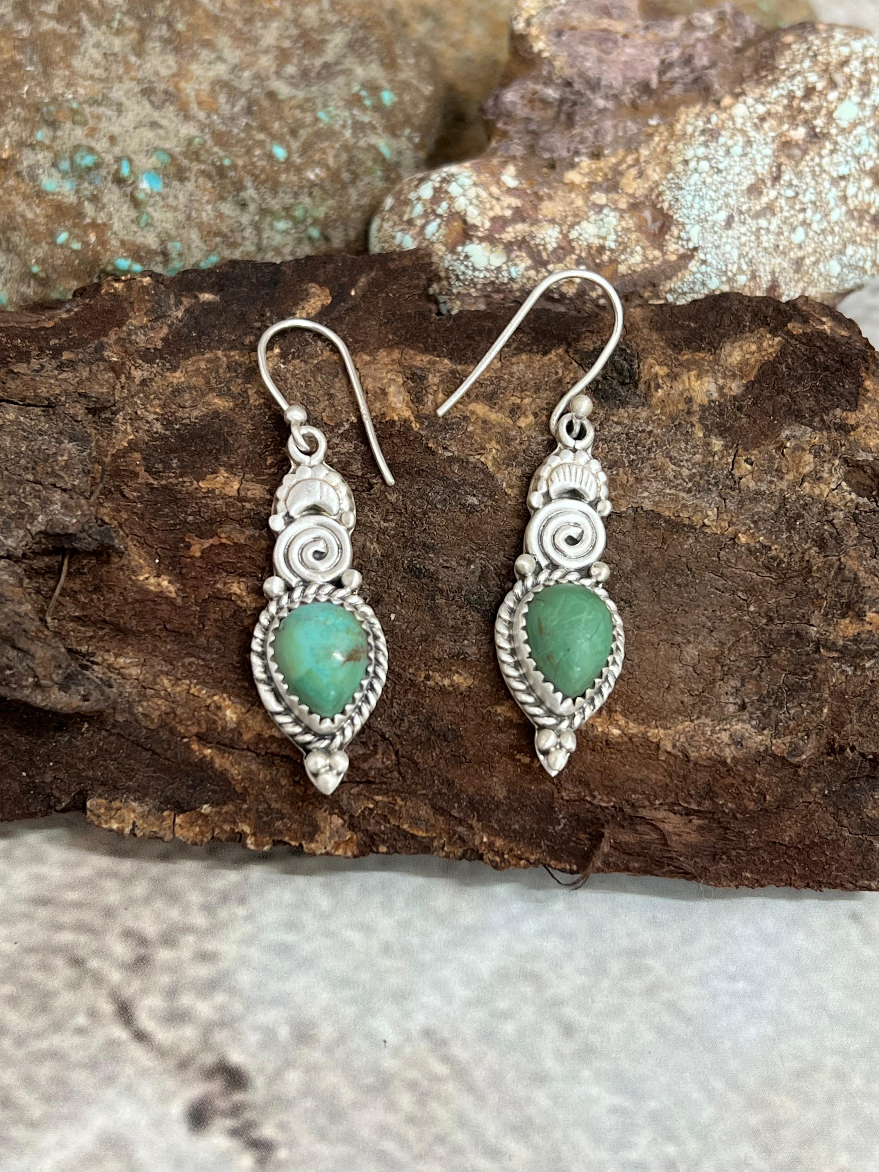 Handmade Sterling Silver Kingman Turquoise Hoop Dangle Earrings with Signed Nizhoni