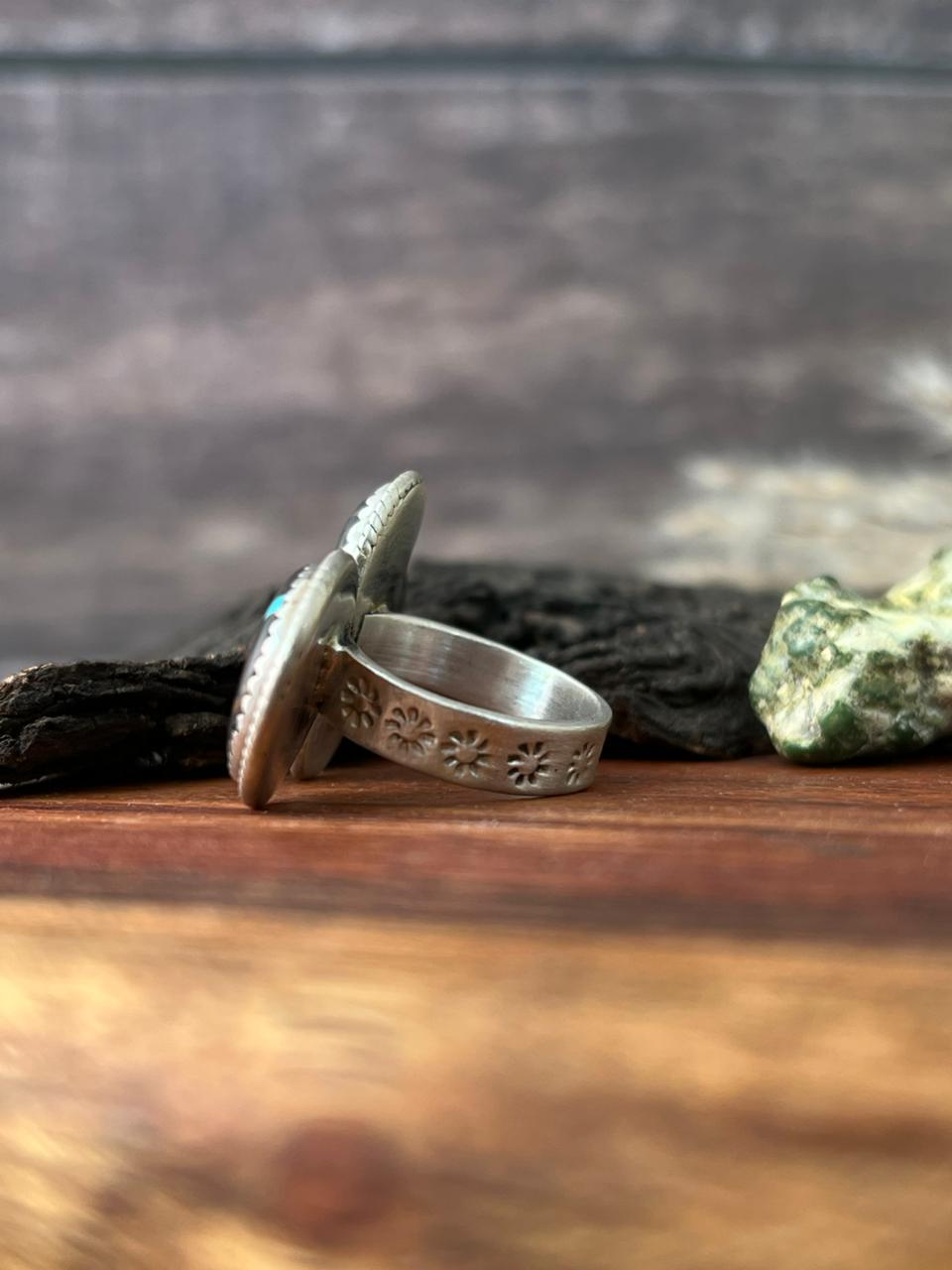 Handmade Sterling Silver Blackjack Turquoise Adjustable Ring "Signed Nizhoni"