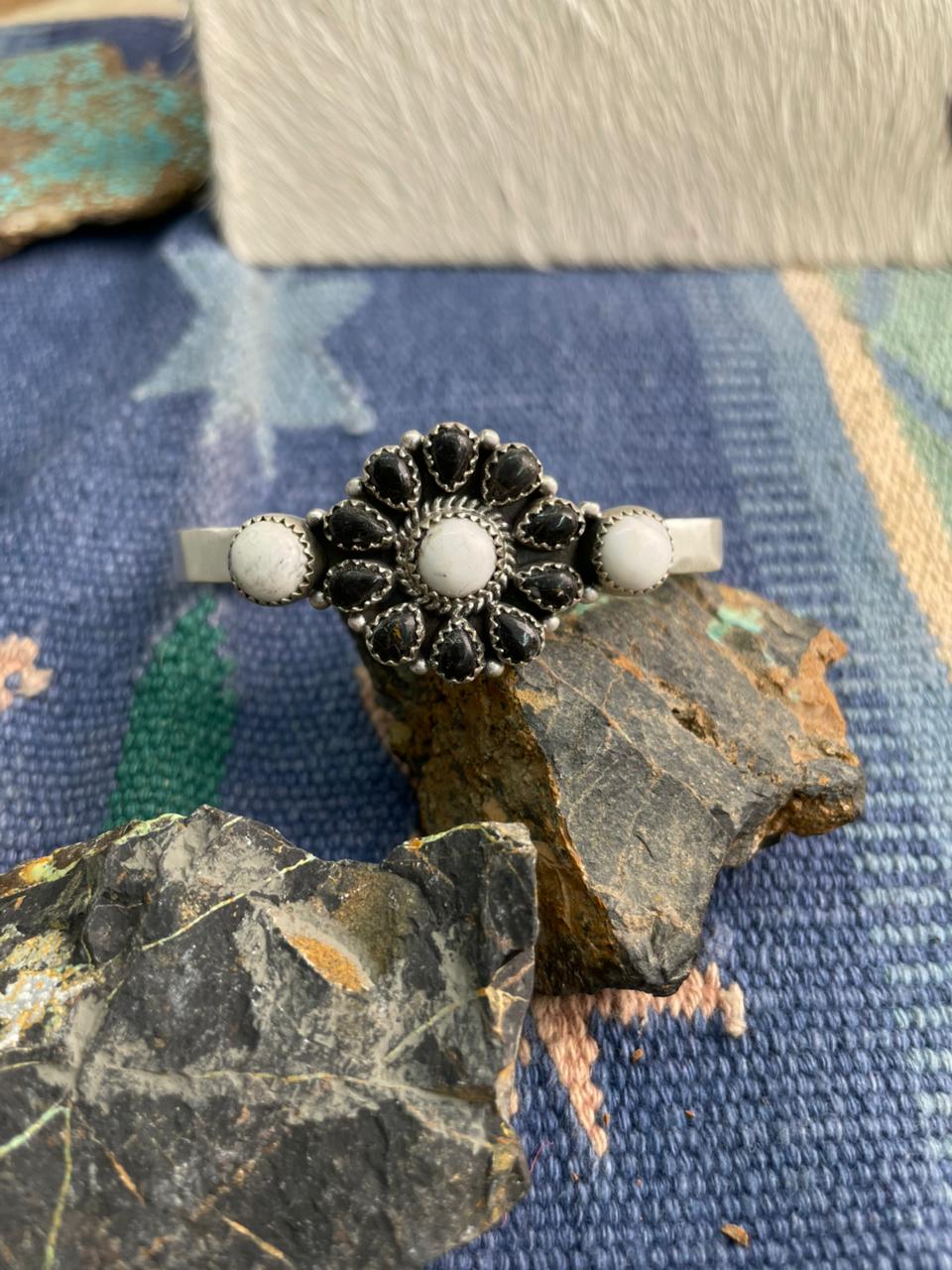 Handmade Sterling Silver White Buffalo Cuff Bracelet "Signed Nizhoni"