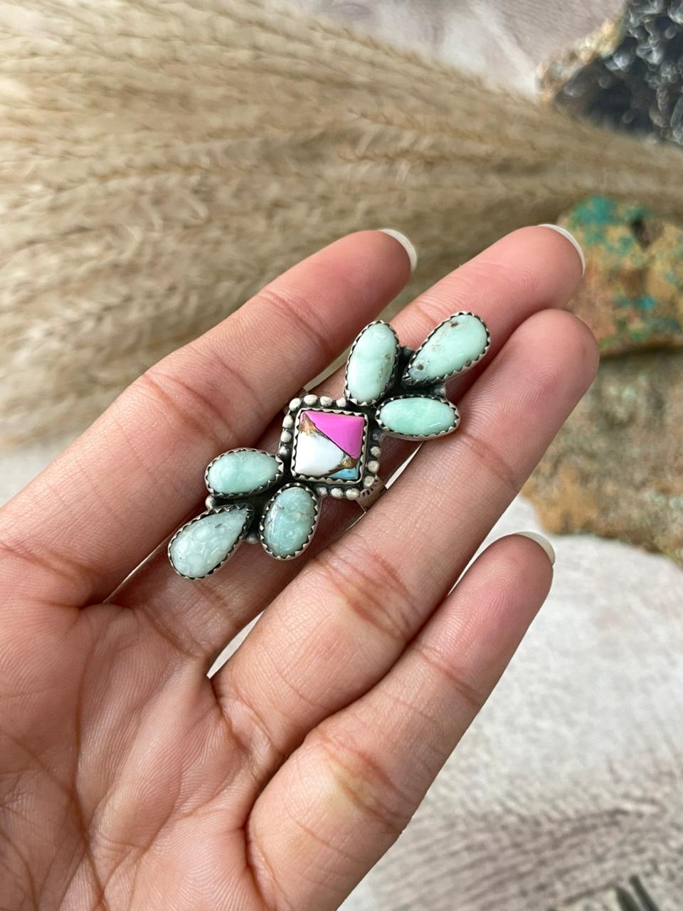 Handmade Sterling Silver Cotton Candy with Paloma Turquoise Adjustable Ring "Signed Nizhoni"