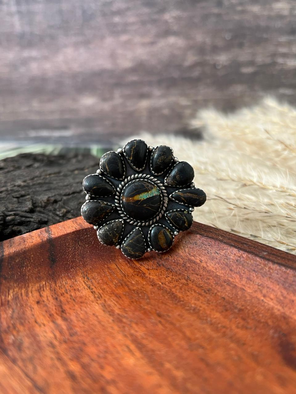 Handmade Sterling Silver Blackjack Turquoise Adjustable Ring "Signed Nizhoni"