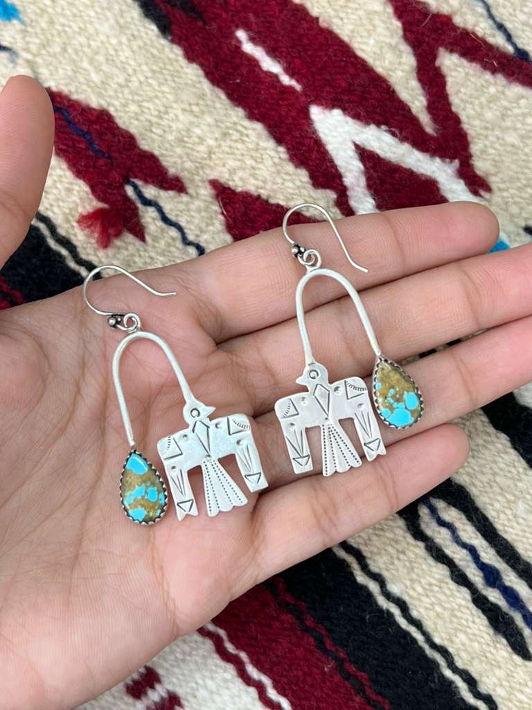 Handmade Sterling Silver Number 8 Turquoise Hook Dangle Earrings "Signed Nizhoni"