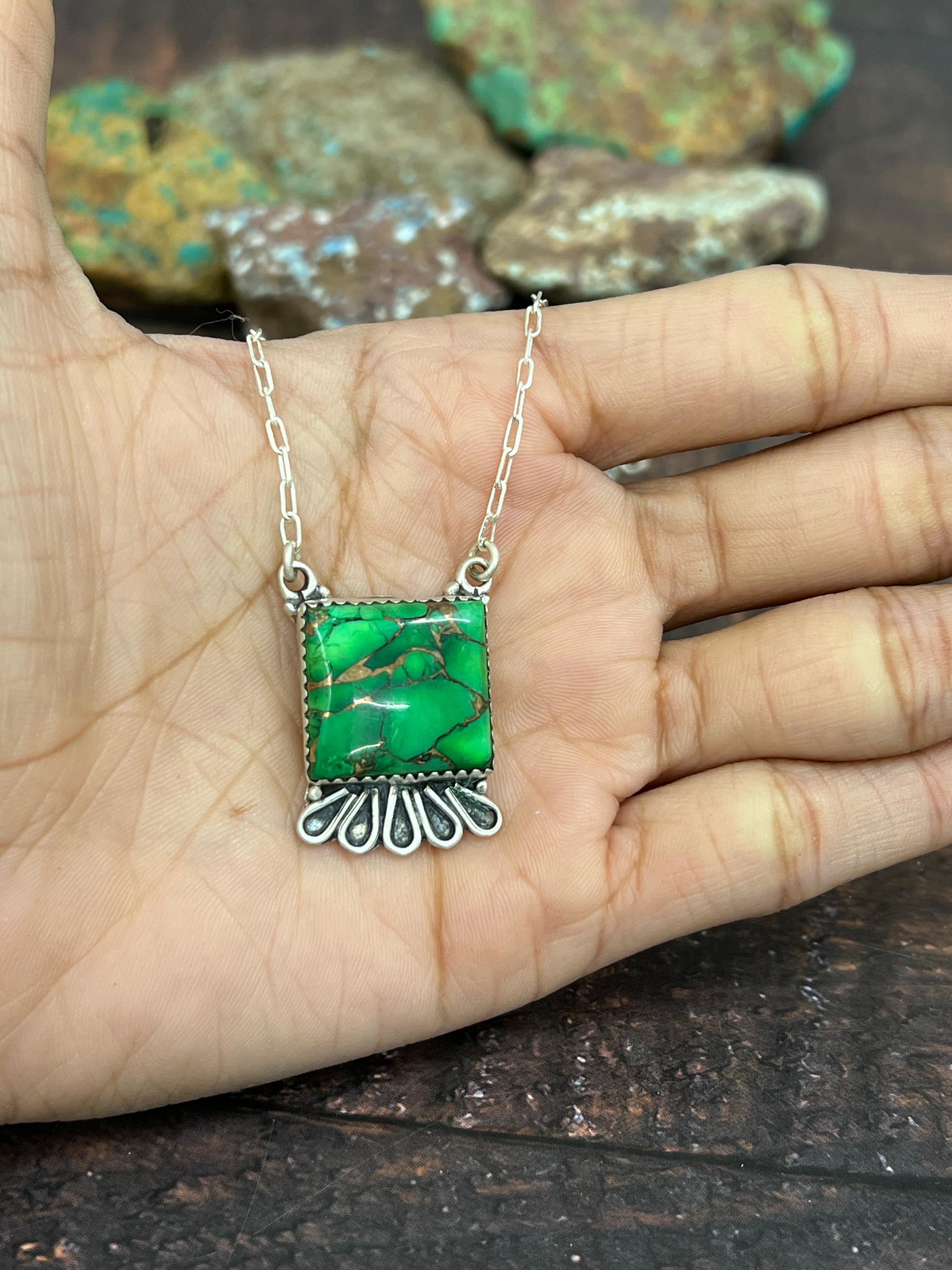 Handmade Sterling Silver Kelly Green Dahlia Necklace with Signed Nizhoni