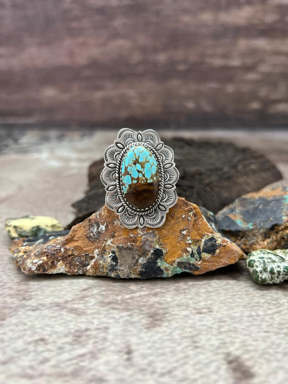 Handmade Sterling Silver Number 8 Turquoise Adjustable Ring "Signed Nizhoni"
