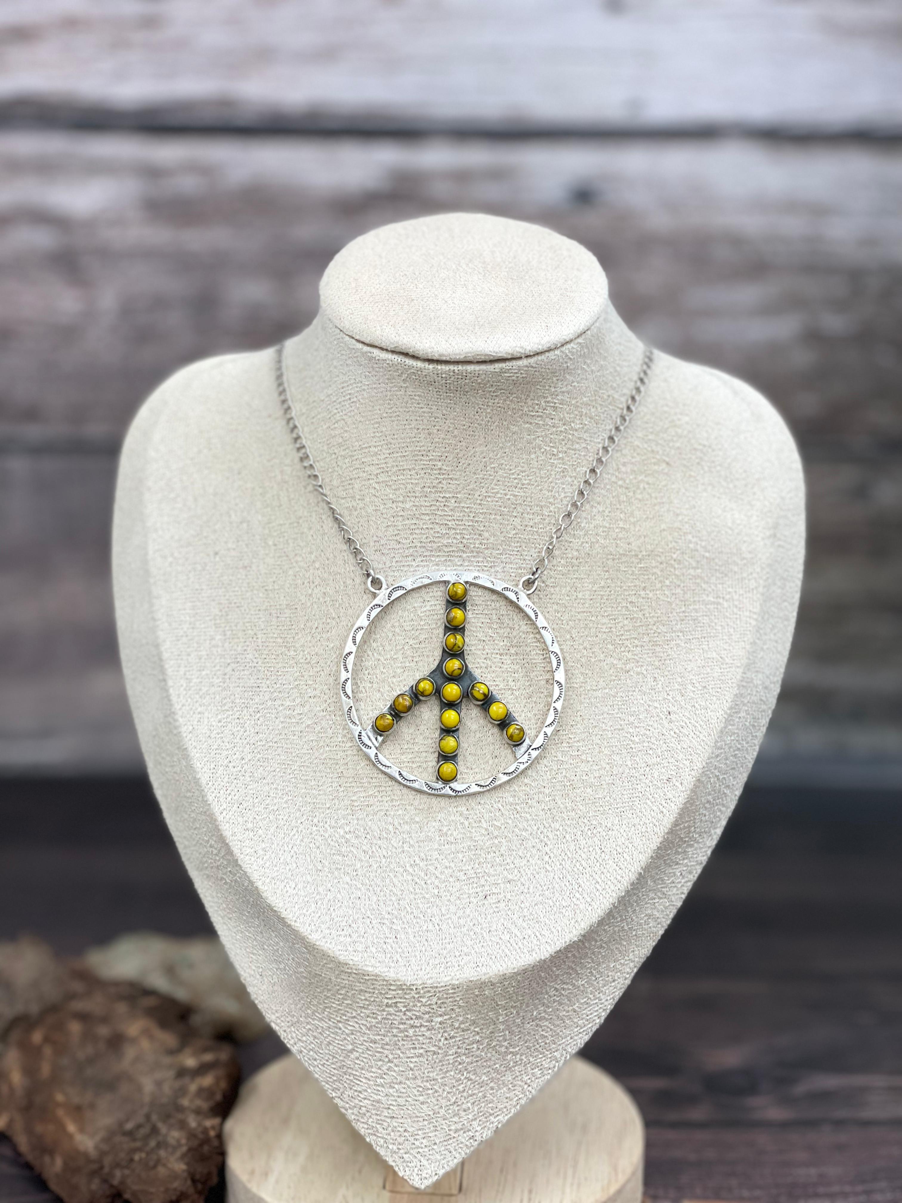 Handmade Sterling Silver Multi Stone PEACE Necklace Signed Nizhoni