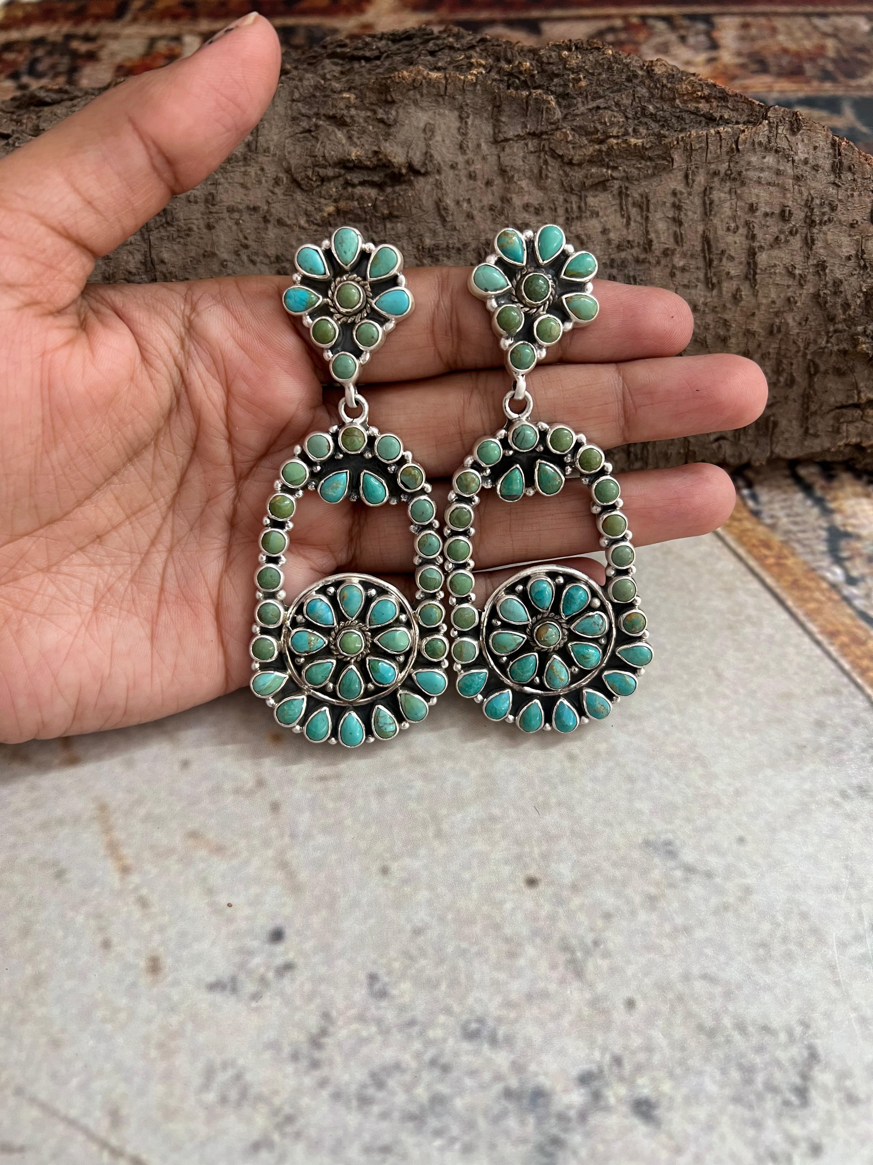 Handmade Sterling Silver Kingman Turquoise Post Dangle Earrings with Signed Nizhoni