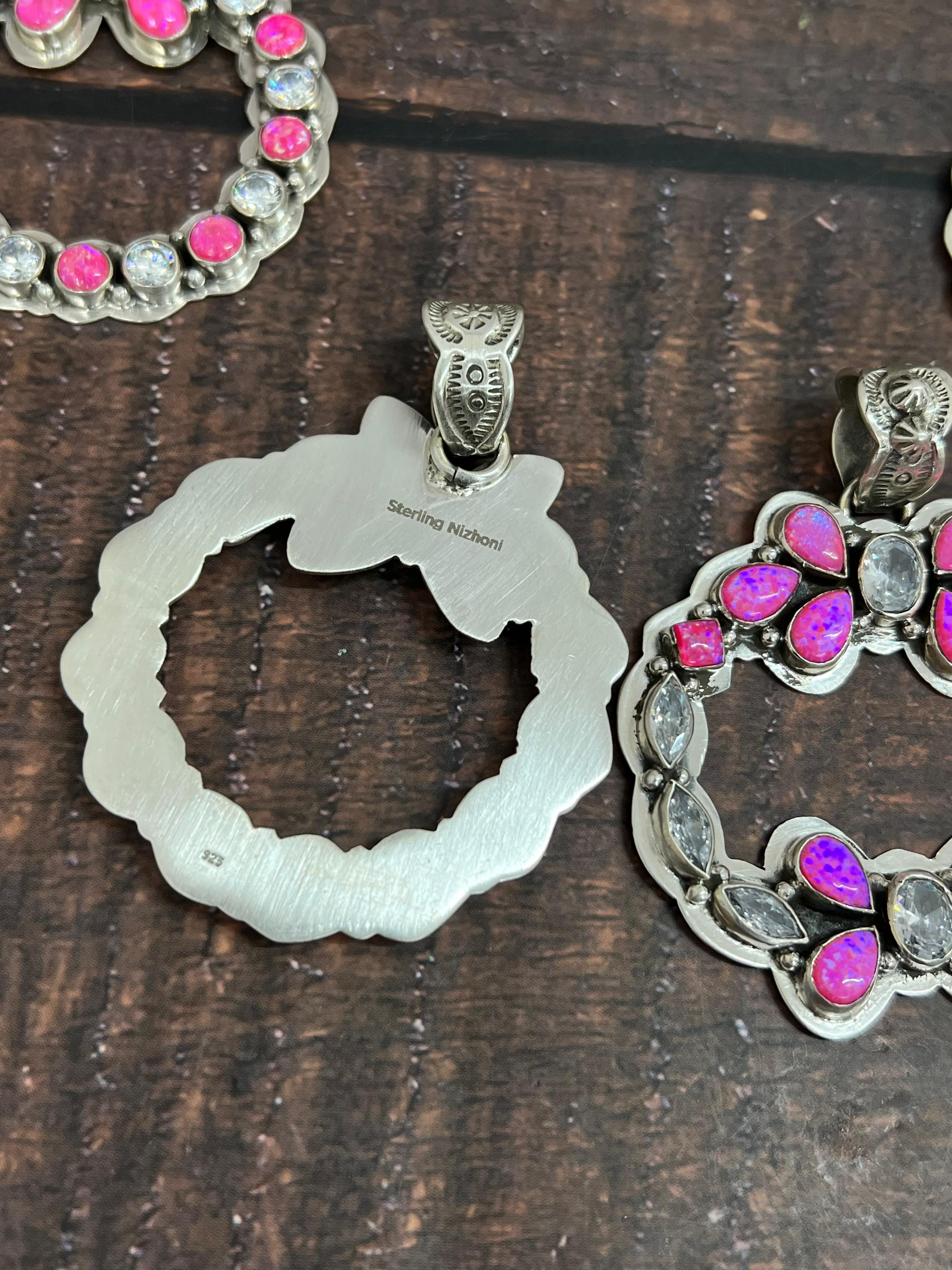 Handmade Sterling Silver Hot Pink with CZ Pendant, Signed Nizhoni