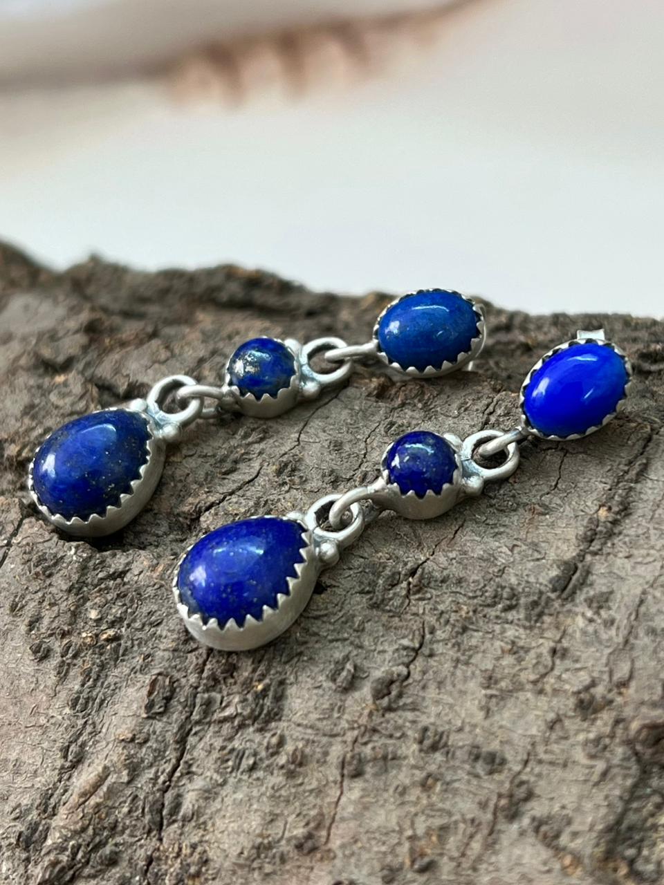 Handmade Sterling Silver Lapis Post Dangle Earrings "Signed Nizhoni"