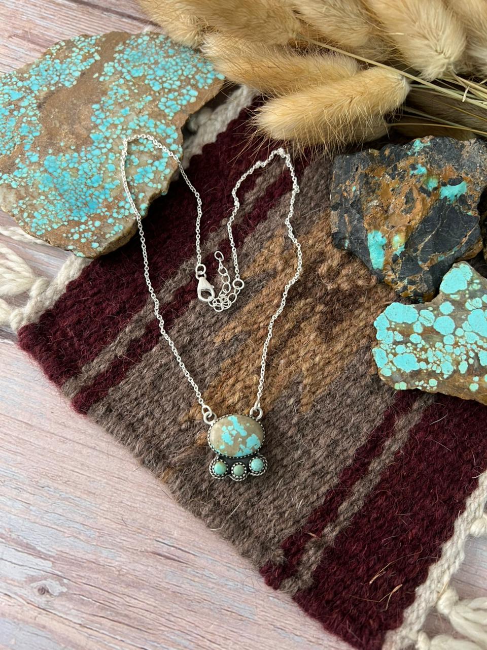 Handmade Sterling Silver Royston Ribbon with Number 8 Turquoise Necklace "Signed Nizhoni"