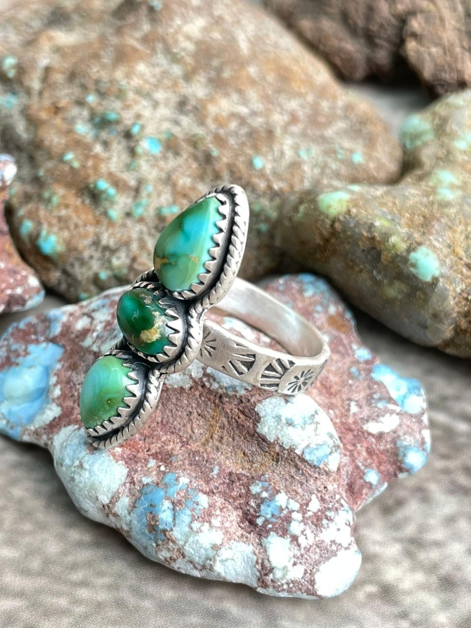 Handmade Sterling Silver Sonoran Mountain Turquoise Adjustable Ring with Signed Nizhoni