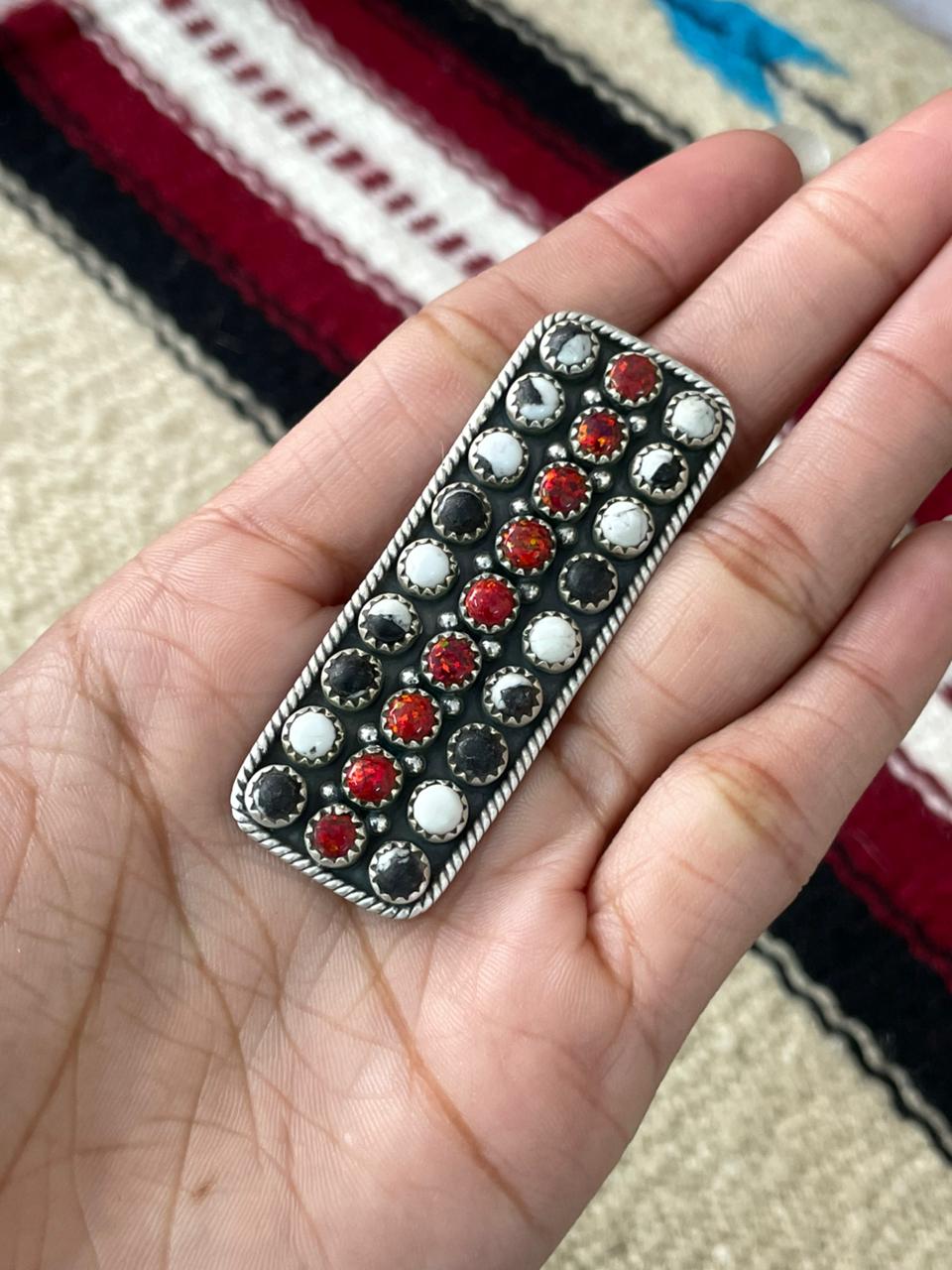 "Christmas Collection" Handmade Sterling Silver White Buffalo with Red Opal Adjustable Ring "Signed Nizhoni"