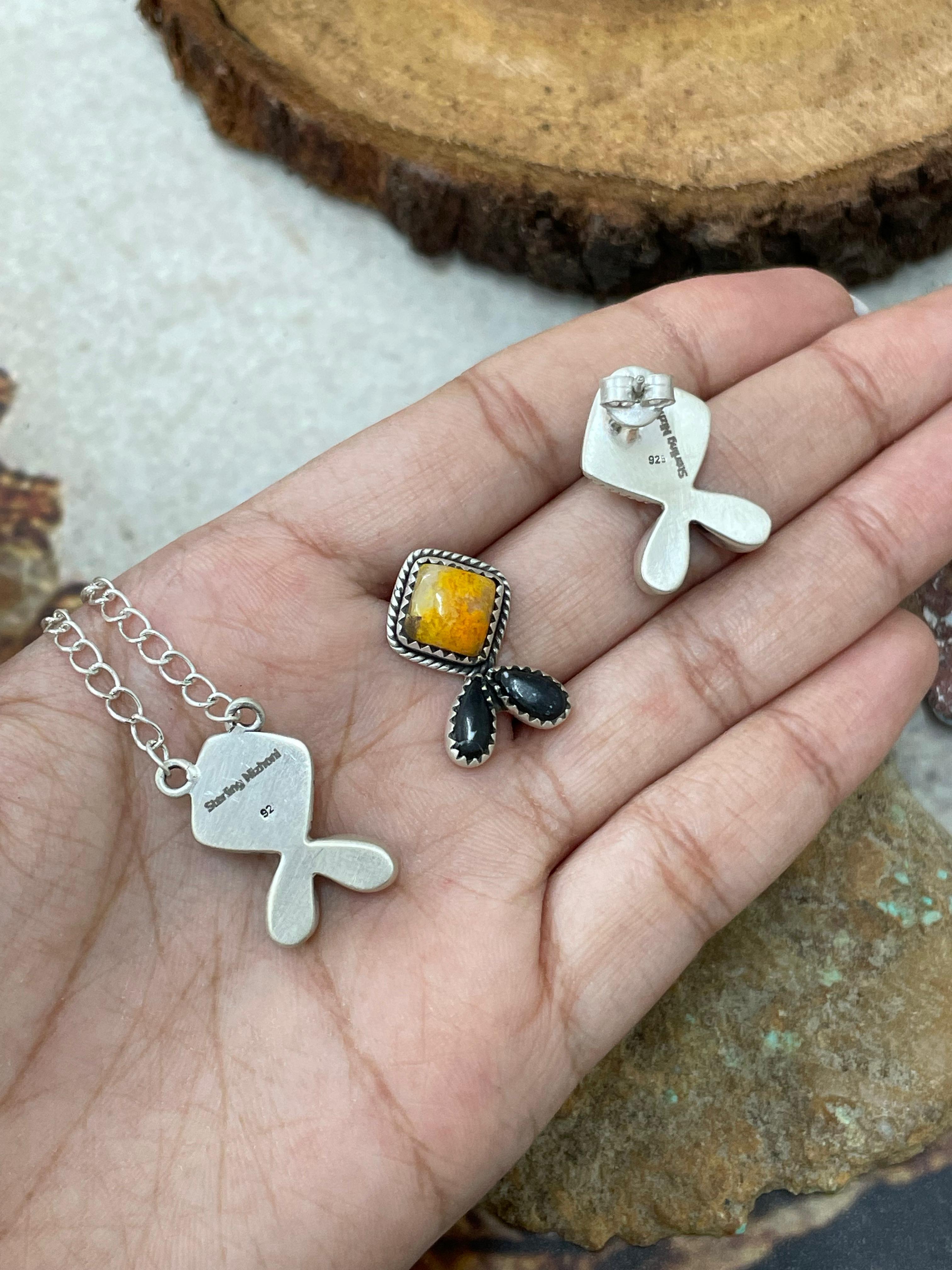 "Halloween Collection" Handmade Sterling Silver Black Onyx, Bumblebee Necklace Earring Set, Signed Nizhoni