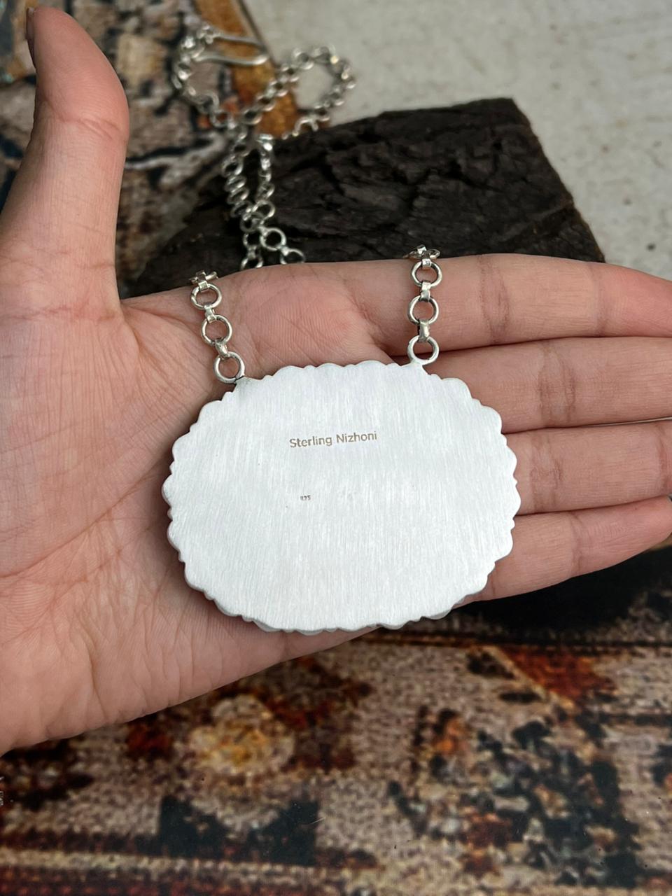 Handmade Sterling Silver Dahlia Rose with Emerald Valley Turquoise Necklace "Signed Nizhoni"