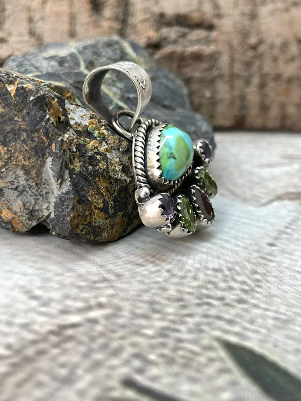 Handmade Sterling Silver Sonoran with Cut Stones Pendant "Signed Nizhoni"