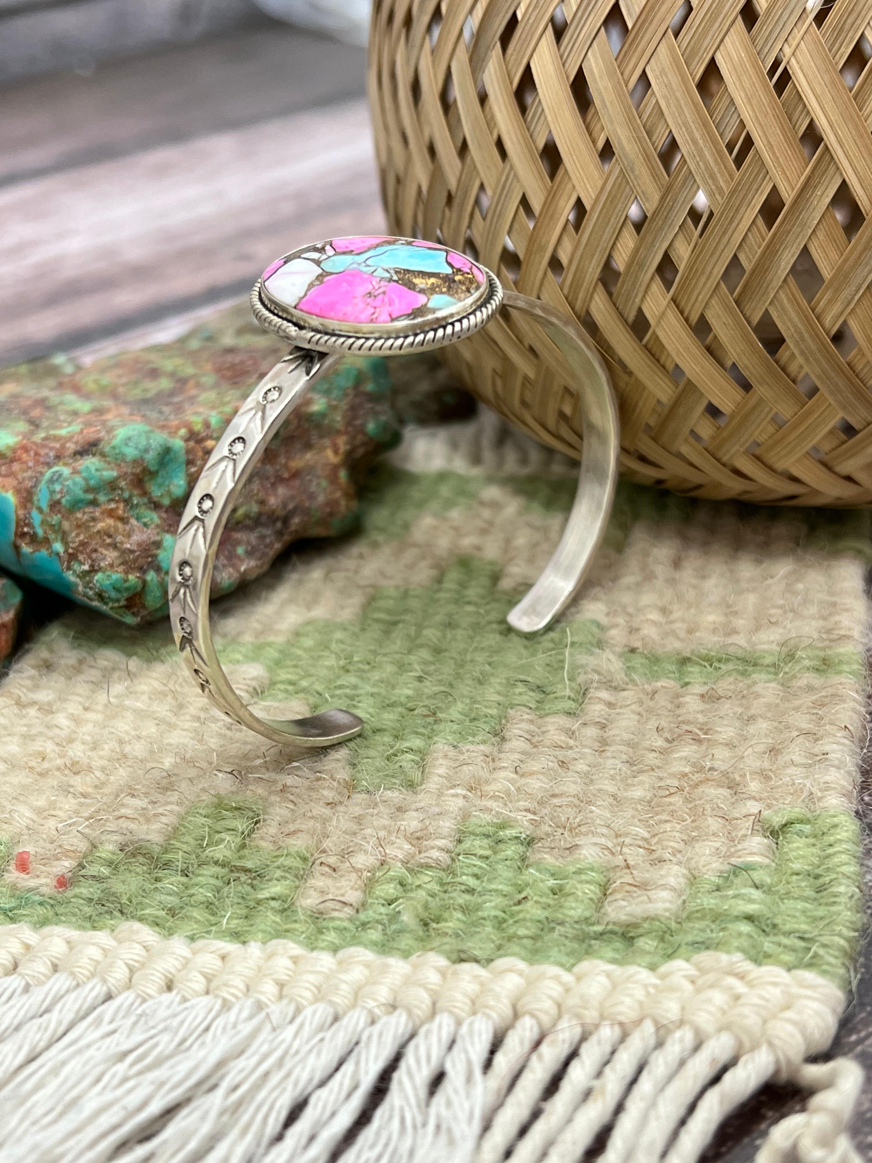 Handmade Sterling Silver Cotton Candy Turquoise Cuff Bracelet with Signed Nizhoni