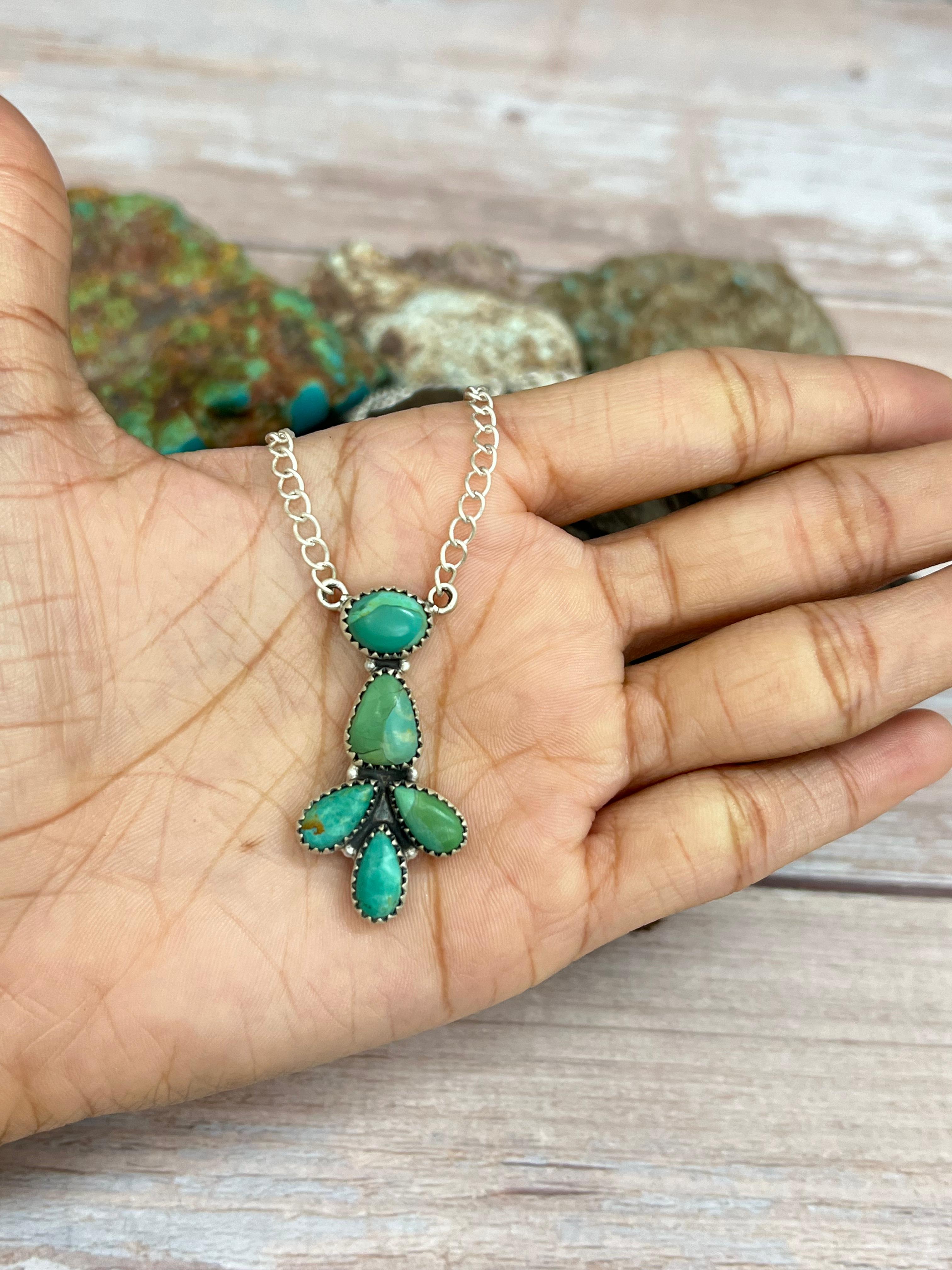 Handmade Sterling Silver Kingman Turquoise Necklace with Signed Nizhoni