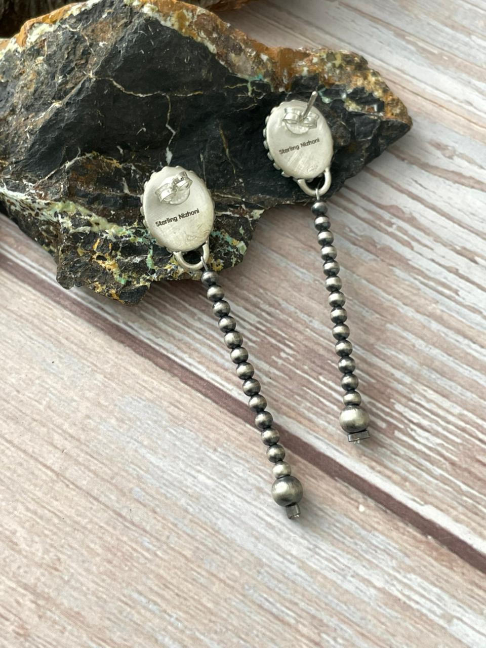 Handmade Sterling Silver Kingman Turquoise Post Beaded Earrings "Signed Nizhoni"