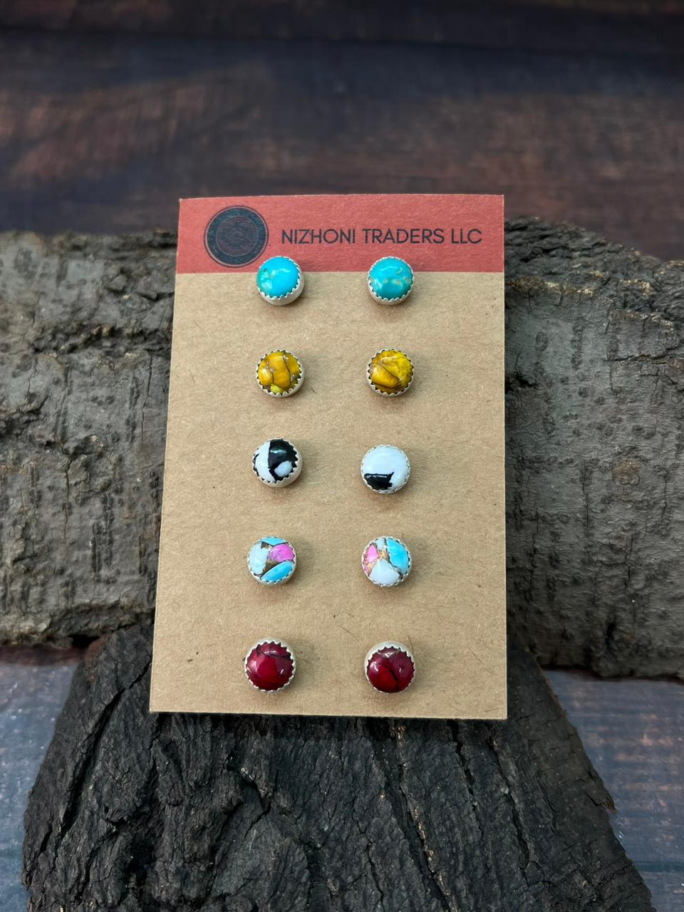 Handmade Sterling Silver Multi Stones Post Studs Earrings Set